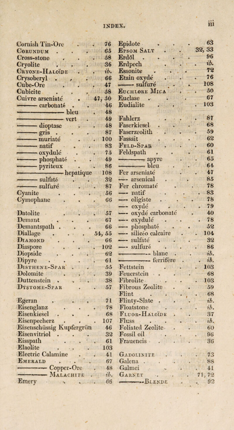Cornish Tin-Ore • 76 Corundum • 65 Cross-stone 58 Cryolite • 36 Cryone-Halo'ide o ib. Crysoberyl . , • 66 Cube-Ore • 47 Cubicite • 58 Cuivre arseniate . 47 , 50 - ■ carbonate . • 46 -.— bleu • 48 —--vert • 49 -dioptase * 48 gris . • 87 -muriate • 100 -natif • 83 ——— oxydule • 75 — ■ ■ phosphate . • 49 -— pyriteux • 86 ■--hepatique 108 —-sulfate • 32 ——-sulfure 9 87 Cyanite « 56 Cymophane « 66 Datolite • 57 Demant * 67 Demantspath . • 66 Diallage 54 , 55 Diamond • 66 Diaspore 102 Diopside • 62 Dipyre . . 61 Distiiene-Spar . • 55 Dolomite 39 Duttenstein . * 38 Dystome-Spar 57 Egeran • 71 Eisenglanz 78 Eisenkiesel 9 68 Eisenpecherz 107 Eisenschiissig Kupfergriin 46 Eisen vitriol . • 32 Eisspath * 61 Elaolite • 103 Electric Calamine 41 Emerald • 67 -Copper-Ore 48 -——. Malachite * ib. Emery «. 66 Epidote . 63 Epsom Salt • 32, 33 Erdol 9. 96 Erdpech . • • ib. Essonite 3 72 Etain oxyde « • 76 r——t sulfure » . 108 Euchlore Mica • 50 Euclase a 67 Eudialite 103 Fabler z . • 87 Faserkiesel . • 68 Faserzeolith • 59 Fassait a 62 Feld-Spar • 60 Feldspath • 61 —r-r—-—« apyre • 65 --• bleu a 64 Fer arseniate • 47 - arsenical » 85 Fer chromate * 78 -natif . 83 —oligiste • 78 - oxyde . 79 — oxyde carbonate • 40 -— oxydule • . 78 -phosphate 9 52 -siliceo calcaire A 104 —- sulfate a 32 - sulfure 8 86 ——-bl an c . a ib. —..ferrifere • . ib. Fettstein • 103 Feuerstein • 68 Fibrolite • 103 Fibrous Zeolite 9 59 Flint • 68 Flinty-Slate . • ib. Floatstone » ib. Fluor-Haloide . « 37 Fluss • ib. Foliated Zeolite a 60 Fossil oil a 96 Fraueneis a 36 Gadolinite a 73 Galena . a 88 Galmei a » 41 Garnet 0 7 lt 72 —————Blende 92