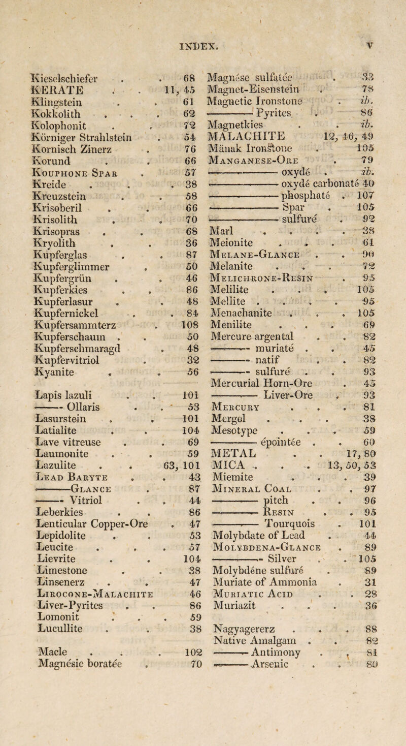 1 INDEX. V Kieselschiefer 68 KERATE . . 11, 45 Klingstein 61 Kokkolith 62 Kolophonit 72 Korniger Stralilstein 54 Kornisch Zinerz 76 Korund 66 Kouphone Spar 57 Kreide 38 Kreuzstein 58 Krisoberil 66 Krisolith 70 Krisopras 68 Kryolith 36 Kupferglas 87 Kupferglimmer 50 Kupfergriin 46 Kupferkies 86 Kupferlasur 48 Kupfernickel 84 Kupfersammterz 108 Kupferschauin . 50 Kupfersclimaragd 48 Kupfervitriol 32 Kyanite , 56 Lapis lazuli 101 -Ollaris . . * 53 Lasurstein 101 Latialite 104 Lave vitreuse 69 Laumonite 59 Lazulite . . G3, 101 Lead Baryte 43 •-Glance 87 -Vitriol 44 Leberkies 86 Lenticular Copper-Ore 47 Lepidolite 53 Leucite 57 Lievrite 104 Limestone 38 Linsenerz 47 Lirocone-Malachite 46 Liver-Pyrites 86 Lomonit 59 Lucullite 38 Made 102 Magne'sie boratee 70 Magn4se sulfatee 33 Magnet-Eisenstein 78 Magnetic Ironstone ib. •-— Pyrites. 86 Magnetkies ib. MALACHITE 12, 46, 49 Manak Ironstone 105 Manganese-Ore 79 -• -oxyde ib. -• oxyde carbonate 40 -phosphate 107 •..Spar 105 --sulfure 92 Marl 38 Meionite 61 Melane-Glance 90 Melanite 72 Melichrone-Resin 95 Melili-te 105 Mellite . . 95 Menachanite 105 Menilite . 69 Mercure argental 82 •——— muriate . 45 --natif 82 ---- sulfure 93 Mercurial Horn-Ore 45 --— Liver-Ore 93 Mercury 81 Mergel 38 Mesotype 59 -epointee . 60 METAL 17, 80 MICA . . .13, 50, 53 Miemite . 39 Mineral Coal . 97 —- pitch 96 -—n- Rfjsin . 95 - Tourquois 101 Molybdate of Lead 44 Molybdena-Glance 89 -*-- Silver . 105 Molybdene sulfure 89 Muriate of Ammonia 31 Muriatic Acid . 28 Muriazit » 36 Nagyagererz 88 Native Amalgam . 82 -- Antimony t si -Arsenic 80