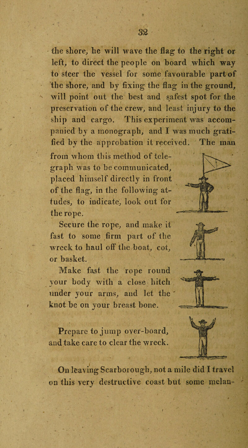 the shore, he will wave the flag to the right or left, to direct the people on board which way to steer the vessel for some favourable part of the shore, and by fixing the flag in the ground, will point out the best and safest spot for the preservation of the crew, and least injury to the ship and cargo. This experiment was accom¬ panied by a monograph, and I was much grati¬ fied by the approbation it received. The man from whom this method of tele¬ graph was to be communicated, placed himself directly in front of the flag, in the following at- tudes, to indicate, look out for the rope. Secure the rope, and make it fast to some firm part of the wreck to haul off the boat, cot, or basket. Make fast the rope round your body with a close hitch under your arms, and let the ' knot be on your breast bone. Prepare to jump over-board, and take care to clear the wreck. On leaving Scarborough, not a mile did I travel on this very destructive coast hut some melan-