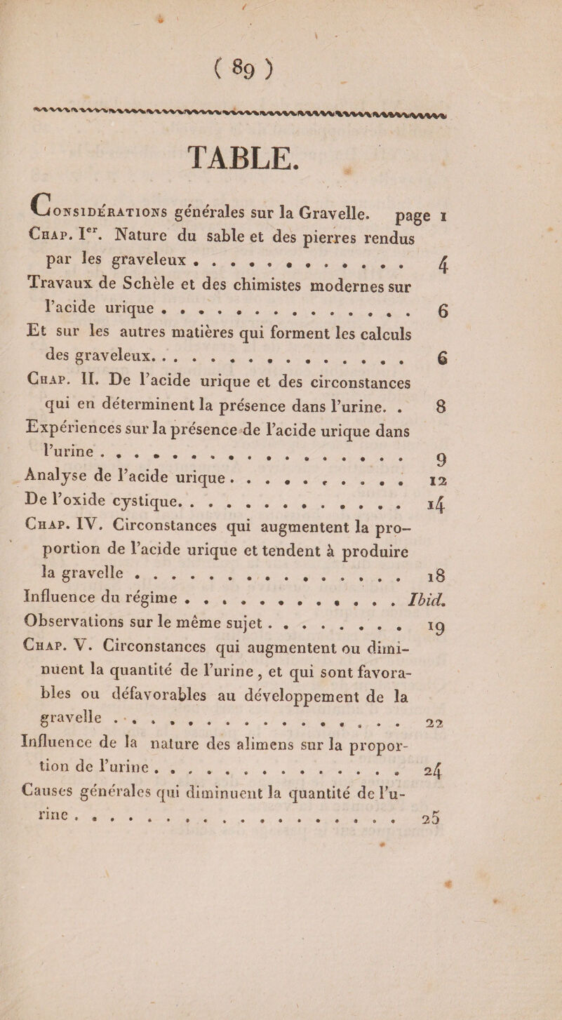 TABLE. Considérations générales sur la Gravelle. page i Chap. Ier. Nature du sable et des pierres rendus par les graveleux. ^ Travaux de Schèle et des chimistes modernes sur l’acide urique. 0 Et sur les autres matières qui forment les calculs des graveleux. 0 Chap. II. De l’acide urique et des circonstances qui eu déterminent la présence dans l’urine. . 8 Expériences sur la présence de l’acide urique dans l’urine . , . , .. g Analyse de l’acide urique 12 De l’oxide cystique. i/J Chap. IY. Circonstances qui augmentent la pro¬ portion de l’acide urique et tendent à produire la gravelle. ig Influence du régime ..Ibid. Observations sur le même sujet. ig Chap. V. Circonstances qui augmentent ou dimi¬ nuent la quantité de l’urine, et qui sont favora¬ bles ou défavorables au développement de la gravelle. 22 Influence de la nature des alimens sur la propor¬ tion de l’urine. 24 Causes générales qui diminuent la quantité de l’u- rine ... „ 25