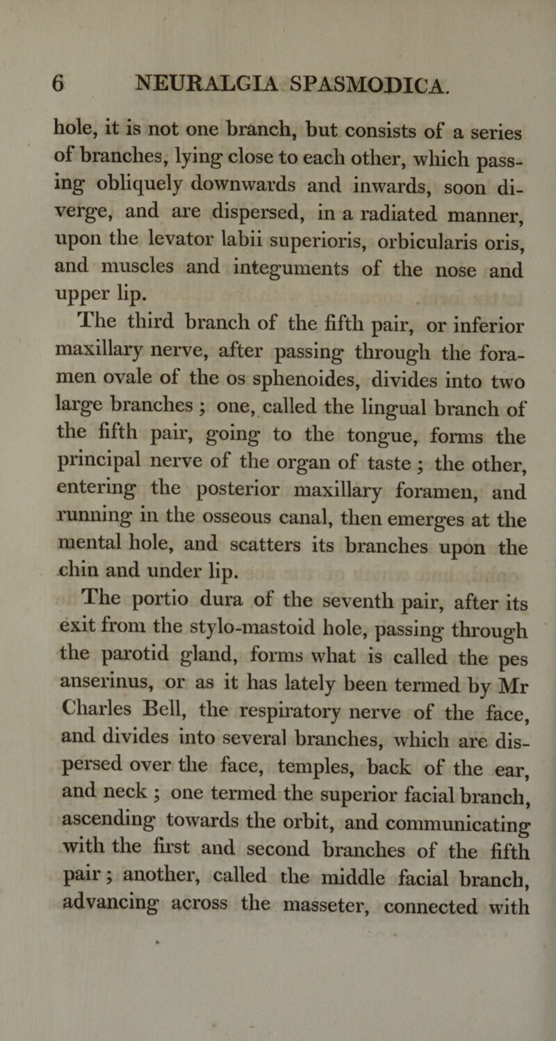 hole, it is not one branch, but consists of a series of branches, lying close to each other, which pass¬ ing obliquely downwards and inwards, soon di¬ verge, and are dispersed, in a radiated manner, upon the levator labii superioris, orbicularis oris, and muscles and integuments of the nose and upper lip. 1 he third branch of the fifth pair, or inferior maxillary nerve, after passing through the fora¬ men ovale of the os sphenoides, divides into two large branches ; one, called the lingual branch of the fifth pair, going to the tongue, forms the principal nerve of the organ of taste; the other, entering the posterior maxillary foramen, and running in the osseous canal, then emerges at the mental hole, and scatters its branches upon the chin and under lip. The portio dura of the seventh pair, after its exit from the stylo-mastoid hole, passing through the parotid gland, forms what is called the pes anserinus, or as it has lately been termed by Mr Charles Bell, the respiratory nerve of the face, and divides into several branches, which are dis¬ persed over the face, temples, back of the ear, and neck ; one termed the superior facial branch, ascending towards the orbit, and communicating with the first and second branches of the fifth pair; another, called the middle facial branch, advancing across the masseter, connected with