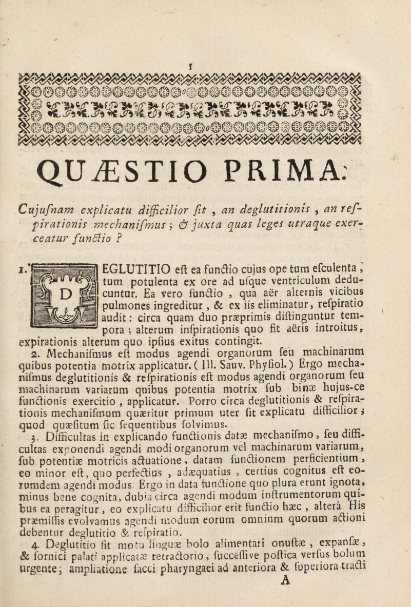 I QUiESTIO PRIMA. Cujufnam explicatu difficilior fit , an deglutitionis , anref- pirationis mechanifmus ^ & juxta quas leges utraque exer» ceatur fundiio ? EGLUTITIO efl: ea fundio cujus ope tum efculenta , tum potulenta ex ore ad ufque ventriculum dedu¬ cuntur. Ea vero fundio , qua aer alternis vicibus pulmones ingreditur, & ex iis eliminatur, refpiratio audit: circa quam duo praeprimis diftinguntur tem¬ pora j alterum infpirationis quo fit aeris introitus, expirationis alterum quo ipfius exitus contingit. 2. Mechanifmus efl modus agendi organorum^ feu machinarum quibus potentia motrix applicatur. (111. Sauv. Phyliol.) Ergo mecha¬ nifmus deglutitionis & refpirationis efl: modus agendi organorum feu machinarum variarum quibus potentia motrix fub binae hujus-ce fundionis exercitio , applicatur. Porro circa deglutitionis & refpira¬ tionis mechanifmum quaeritur primum uter fit explicatu difficilior > quod qusefitum Gc fequentibus folvimus. ^ 3. Difficultas in explicando fundionis datae mechanifmo, feu diffi¬ cultas exDonendi agendi modi organorum vel machinarum variarum, fub potentiae motricis aduatione <> datam fundionem perficientium , eo minor efl, quo perfedius , aJaeqoatius , certius cognitus efl: eo- rumdem agendi modus. Ergo in data tundione quo plura erunt ignota* minus bene cognita, dubia circa agendi modum inftrumentorum qui¬ bus ea peragitur, eo explicatu difficilior erit fundio haec , altera. His praemiflis evolvamus agendi modum eorum omninm quorum adioni debentur deglutitio & refpiratio. 4. Deglutitio fit motu linguae bolo alimentari onuftae , expanfae, & fornici palati applicata retradorio, fucceflive poftica verfus bolum urgente, ampliatione facd pharyngaei ad anteriora & fuperiora tradi A