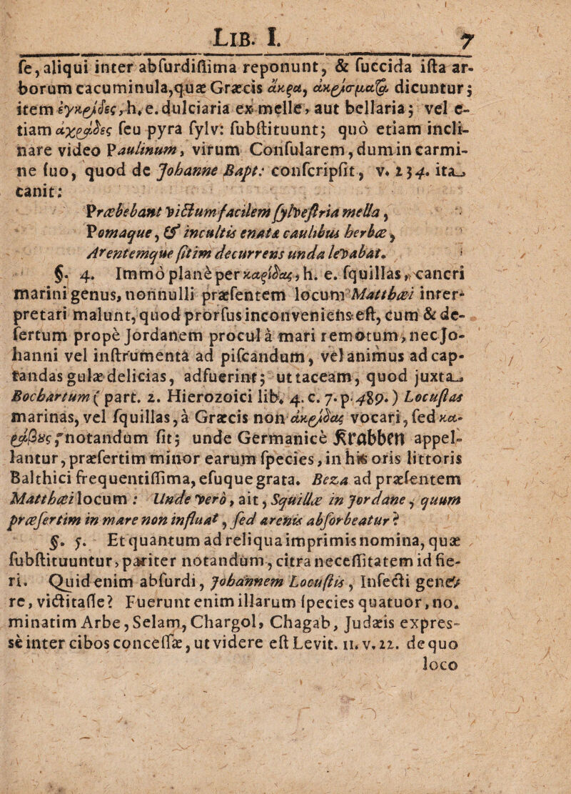 / ____ Lib. I. 7 fe, aliqui inter abfurdifiima reponunt, & fuecida ifta ar« borumcacuminula,quse Graecis ctKg/io-pa& dicuntur ; item syii&fecrh, e. dulciaria ex meile > aut bellaria ; vel fi¬ liam axpJJsg feu pyra fylv: fubftituunt; quo etiam meli- nare video P animum* virum Confutarem, dum in carmi¬ ne fuo, quod de Johame f&ipt: confcripfit, v* ita^ canit; P ree bebant YiBuyn facilem fyhefiria mella, Pomaque, & incultis emis, caulibus herbee, Arent emque fitim decurrens unda legabat* §. 4. Imm6planeper>c^^$h. e, fquillas,cancri marini genus, nonnulli prsefentem locum Mattheei inter¬ pretari malunt, quod prorfusinconvenieiis eft, cum &dc- fertum prope Jordanem procul a mafi remotum^ nec Jo- hanni vel inftrumenta ad pifcandum, vel animus ad cap¬ tandas gulae delicias, adfuerint; ut taceam, quod juxta^, Eochartum { part. 2. Hierozoici liK 4, c. 7*p-48pO Locuflas marinas, vel fquillas,a Grarcis noi\ avebat vocari, fedxa* notandum fit; unde Germanice appel¬ lantur, praefertim minor earumfpecies,inhteoris litteris Balthici frequentiffima,efuque grata* Beza ad pnefentem Mattheei locum : Unde yerd, ait, Squillee in Jordane, quum preefertim in mare non influat, fed arenis abforbeatur ? §• y. Et quantum ad reliquaimprimisnornina, quae , fubftituuntur > pariter notandum, citra neceffitatem id fie¬ ri. Quidenim abfurdi, Johannem Locuftis, Infecti gene'/ re, vi&itafle? Fuerunt enim illarum (pecies quatuor,no« minarim Arbe,Selam,Chargol, Chagab, Judaeis expres- se inter cibos conceflae, ut videre eft Levit. u.v.u. de quo loco