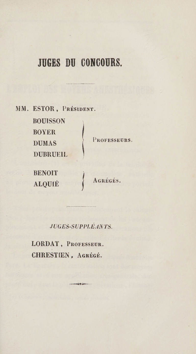 JUGES DU CONCOURS MM. ESTOR, Président. BOUISSON BOYER DUMAS DUBRUEIL Professeurs. BENOIT ALQUIÉ Agrégés. J UGES-S UPPLÉAN TS. LORDAT, Professeur. CHRESTIEN, Agrégé.