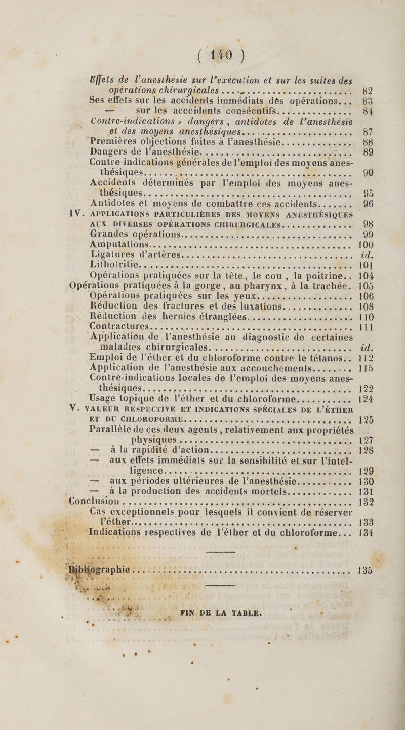 Effets de U anesthésie sur l'exécution et sur les suites des opérations chirurgicales ....... 82 Ses effets sur les accidents immédiats des opérations... 83 — sur les acccidents consécutifs.. 84 Contre-indications &gt; dangers , antidotes de lJ anesthésie et des moyens anesthésiques. 87 Premières objections faites à l’anesthésie. 88 Dangers de l’anesthésie.,... 89 Contre indications générales de l’emploi des moyens anes¬ thésiques. ...... .. 90 Accidents déterminés par l’emploi des moyens anes¬ thésiques. 95 Antidotes et moyens de combattre ces accidents.. 96 IV. APPLICATIONS PARTICULIÈRES DES MOYENS ANESTHÉSIQUES AUX DIVERSES OPÉRATIONS CHIRURGICALES. .. 98 Grandes opérations.... 99 Amputations. 100 Ligatures d’artères. id. Lilhotritie. 101 Opérations pratiquées sur la tète, le cou , la poitrine., 104 Opérations pratiquées à la gorge, au pharynx, à la trachée. 105 Opérations pratiquées sur les yeux. 106 Réduction des fractures et des luxations. 108 Réduction des hernies étranglées.. 110 Contractures... 111 Application de l’anesthésie au diagnostic de certaines maladies chirurgicales. id. Emploi de l’éther et du chloroforme contre le tétanos.. 112 Application de i’aneslhésie aux accouchements. 115 Contre-indications locales de l’emploi des moyens anes¬ thésiques. 122 Usage topique de l’éther et du chloroforme. 124 V. VALEUR RESPECTIVE ET INDICATIONS SPÉCIALES DE L’ÉTHER ET DU CHLOROFORME. .. 125 Parallèle de ces deux agents, relativement aux propriétés physiques. 127 — à la rapidité d’action. 128 — aux effets immédiats sur la sensibilité et sur l’intel¬ ligence. 129 — aux périodes ultérieures de l’anesthésie.. 130 — à la production des accidents mortels. 131 Conclusion. 132 Cas exceptionnels pour lesquels il convient de réserver l’éther. 133 Indications respectives de l’éther et du chloroforme... 134 135 FIN DE LA TABLE. Rihlîographie ■4 * ' . S , ..MH