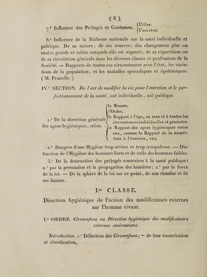 y,® Influence des Préjugés et Coutumes. 8.° Influence de la Richesse nationale sur la santé individuelle et publique. De sa nature ; de ses sources ; des changemens plus ou moins grands et subits auxquels elle est exposée ; de sa répartition ou de sa circulation générale dans les diverses classes et professions de la Société. — Rapports de toutes ces circonstances avec l’état, les varia¬ tions de la population, et les maladies sporadiques et épidémiques. ( M. Prunelle. ) IV.C SECTION. De l'art de modifier la vie pour l'entretien et le per¬ fectionnement de la santé, soit individuelle , soit publique. la \ïesure. l’Ordre. le Rapport à l’âge, au sexe et à toutes les circonstances individuelles et générales, le Rapport des agens hygiéniques entre eux, comme le Rapport de la nourri¬ ture à l’exercice, etc» 2. ° Dangers d’une Hygiène trop sévère et trop scrupuleuse. — Dis¬ tinction de l’Hygiène des hommes forts et de celle des hommes faibles. 3. ° De la destruction des préjugés contraires à la santé publique : [i.° par la persuasion et la propagation des lumières ; 2.° par la force de la loi. — De la sphère de la loi sur ce point, de son étendue et de ses limites. I« CLASSE. Direction hygiénique de l’action des modificateurs externes sur l’homme vivant. I.er ORDRE. Circumfusa ou Direction hygiénique des modificateurs externes environnons. Introduction. i.° Définition des Circumfusa ; — de leur énumération et classification.^ i.° De la direction générale des agens hygiéniques , selon. Utiles. Funestes;