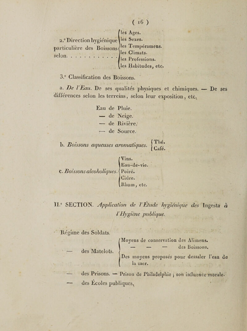 ( &gt;6 ) les Ages, les Sexes, les Teinpéramens. les Climats, les Professions, les Habitudes, etc. 3.° Classification des Boissons. a. De l Eau. De ses qualités physiques et chimiques. — De ses différences selon lesterreins, selon leur exposition, etc.. Eau de Pluie. — de Neige. — de Rivière.' t— de Source. 2.0 Direction hygiénique particulière des Boissons selon. .. b. Boissons aqueuses aromatiques. Thé. Café. iVins. Eau-de-vie. Poiré. Cidre. Rhum, etc. II e SECTION. Application de TÉlude hygiénique des Ingesta à l’Hygiène publique. Régime des Soldats, :— des Matelots. 'Moyens de conservation des Âlimens. — — — des Boissons. Des moyens proposés pour dessaler l’eau de la mer. des Prisons. — Prison de Philadelphie ; son influence morale. r des Ecoles publiques^