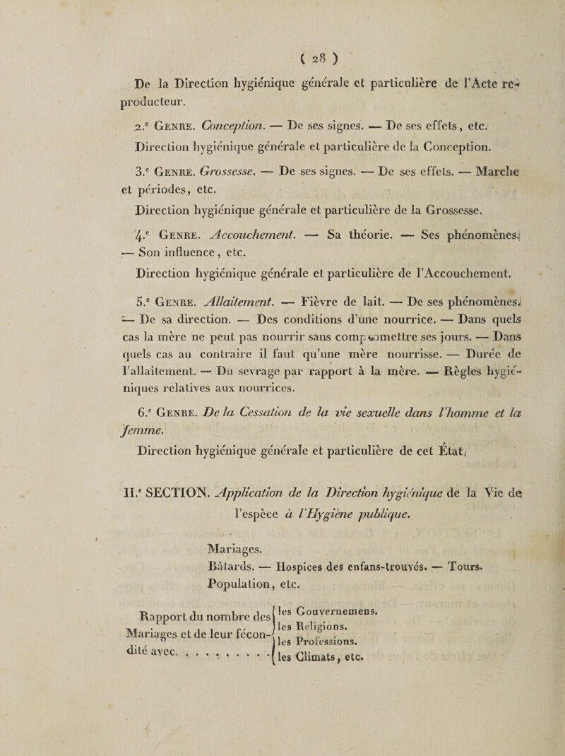 De la Direction hygiénique générale et particulière de l’Acte rc* producteur. 2. c Genre. Conception. — De ses signes. — De ses effets, etc. Direction hygiénique générale et particulière de la Conception. 3. e Genre. Grossesse. — De ses signes. — De ses effets. — Marche et périodes, etc. Direction hygiénique générale et particulière de la Grossesse. 4-e Genre. Accouchement. — Sa théorie. — Ses phénomènes; «— Son influence , etc. Direction hygiénique générale et particulière de F Accouchement. 5. e Genre. Allaitement. — Fièvre de lait. — De ses phénomènes; -— De sa direction. — Des conditions d’une nourrice. — Dans quels cas la mère ne peut pas nourrir sans compromettre ses jours. — Dans quels cas au contraire il faut qu’une mère nourrisse. — Durée de l’allaitement. — Du sevrage par rapport à la mère. — Règles hygié¬ niques relatives aux nourrices. 6. e Genre. De la Cessation de la vie sexuelle dans l’homme ci la femme. Direction hygiénique générale et particulière de cet État/ II.e SECTION. Application de la Direction hygiénique de la Yic des l’espèce à l’Hygiène publique. Mariages. Bâtards. — Hospices des cnfans-trouvés. — Tours. Population, etc. Rapport du nombre des Mariages et de leur fécon¬ dité avec. . .. les Gouvernemens. les Religions, les Professions, les Climats; etc.