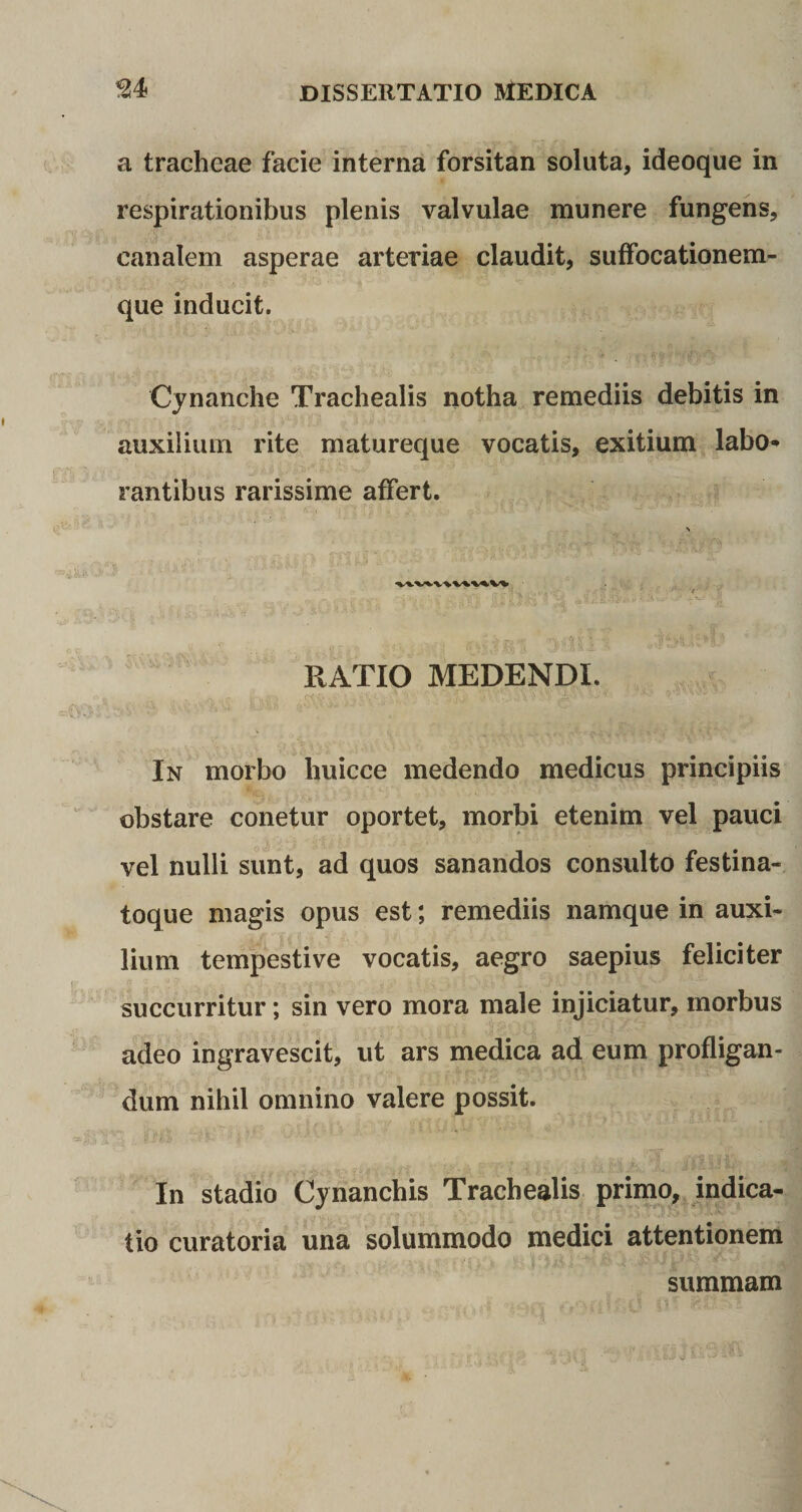 a tracheae facie interna forsitan soluta, ideoque in respirationibus plenis valvulae munere fungens, canalem asperae arteriae claudit, suffocationem- que inducit. Cynanche Trachealis notha remediis debitis in auxilium rite matureque vocatis, exitium labo» rantibus rarissime affert. N V\V%V^WV%V\ RATIO MEDENDI. In morbo huicce medendo medicus principiis obstare conetur oportet, morbi etenim vel pauci vel nulli sunt, ad quos sanandos consulto festina- toque magis opus est *, remediis namque in auxi¬ lium tempestive vocatis, aegro saepius feliciter succurritur; sin vero mora male injiciatur, morbus adeo ingravescit, ut ars medica ad eum profligan¬ dum nihil omnino valere possit. In stadio Cynanchis Trachealis primo, indica¬ tio curatoria una solummodo medici attentionem summam