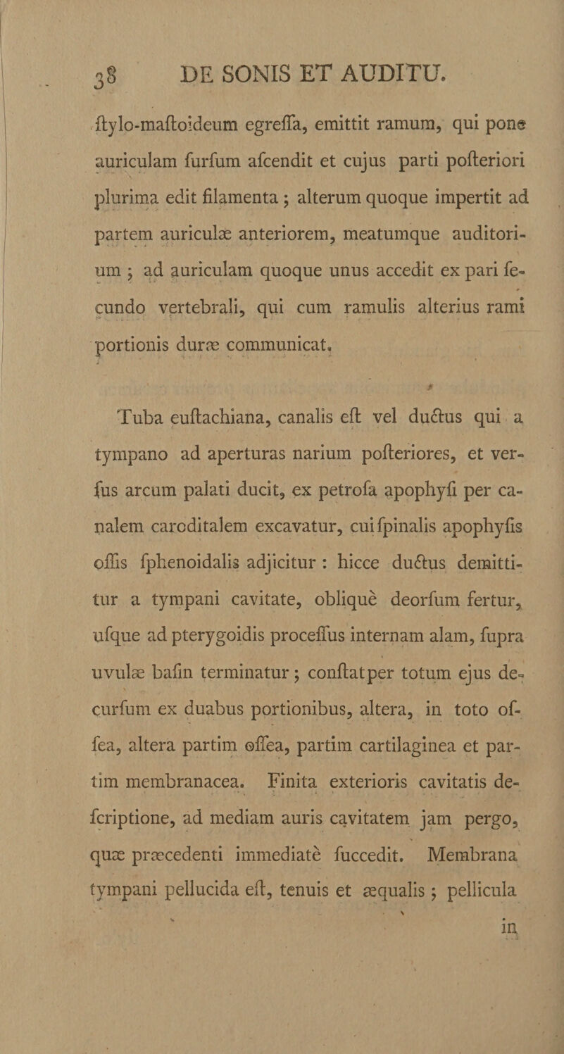 ftylo-mafioideum egrefifa, emittit ramum, qui pone auriculam furfum afcendit et cujus parti pofieriori plurima edit filamenta; alterum quoque impertit ad partem auriculae anteriorem, meatumque auditori¬ um ; ad auriculam quoque unus accedit ex pari fe¬ cundo vertebrali, qui cum ramulis alterius rami portionis duras communicat» 0 Tuba eufiachiana, canalis eft vel du&amp;us qui a tympano ad aperturas narium pofteriores, et ver- fus arcum palati ducit, ex petrofa apophyfi per ca¬ nalem caroditalem excavatur, cuifpinalis apophyfis offis fphenoidalis adjicitur : hicce duplus demitti¬ tur a tympani cavitate, oblique deorfum fertur, ufque ad pterygoidis procefius internam alam, fupra uvulae bafin terminatur j confiat per totum ejus de- curfum ex duabus portionibus, altera, in toto of- fea, altera partim offea, partim cartilaginea et par- tim membranacea. Finita exterioris cavitatis de- t i {•* r ;• i t , 1 * . i * fcriptione, ad mediam auris cavitatem jam pergo, quae praecedenti immediate fuccedit. Membrana tympani pellucida efi, tenuis et aequalis; pellicula m