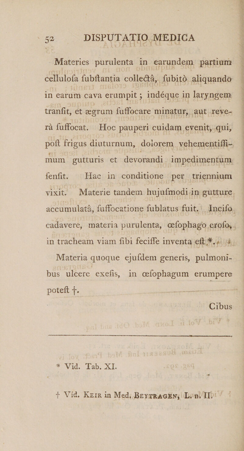 Materies purulenta in earundem partium cellulofa fubitantia colledla, fubito aliquando in earum cava erumpit; indeque in laryngem tranlit, et asgrum fufFocare minatur, aut reve¬ ra fuffocat. Hoc pauperi cuidam evenit, qui, poli frigus diuturnum, dolorem vehementidi- « mum gutturis et devorandi impedimentum fenlit. Hac in conditione per triennium vixit. Materie tandem hujufmodi in gutture v, ' ?■ t*.v t. i •••* • _ t ( X i. *' accumulata, fuffocatione fublatus fuit. Incifo cadavere, materia purulenta, cefophago erofo-, in tracheam viam libi feciffe inventa efl Materia quoque ejufdem generis, pulmoni- a: 531 y ^ * bus ulcere exeiis, in cefophagum erumpere poteft f. Cibus * Vid. Tab. XI. -v f Vid. Keir in Med. Beytragen, L. tn II.