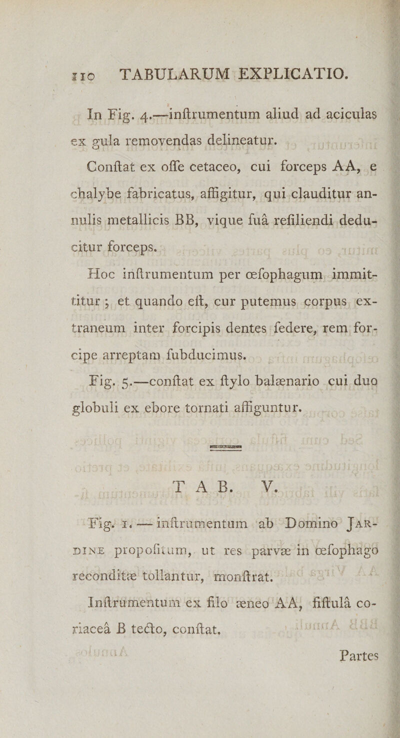 In Fig. 4.—inftrumentum aliud ad aciculas ex ffula removendas delineatur. o Conflat ex ofte cetaceo, cui forceps AA, e chalybe fabricatus, affigitur, qui clauditur an- nulis metallicis BB, vique fu a refiliendi dedu¬ citur forceps. Hoc inftrumentum per oefophagum immit¬ titur ; et quando ell, cur putemus corpus ex¬ traneum inter forcipis dentes federe, rem for¬ cipe arreptam fubducimus. Fig. 5.—conflat ex ftylo balaenario cui duo globuli ex .ebore tornati affiguntur. T A B. V. Fig. 1. — inftrumentum ab Domino Jar- dine propofttum, ut res parvae in oefophago reconditae tollantur, monftrat. Inftrtimentum ex filo aeneo AA, fifiula co¬ riacea B teflo, conflat. ■ * ' I y r? o i1 i Partes