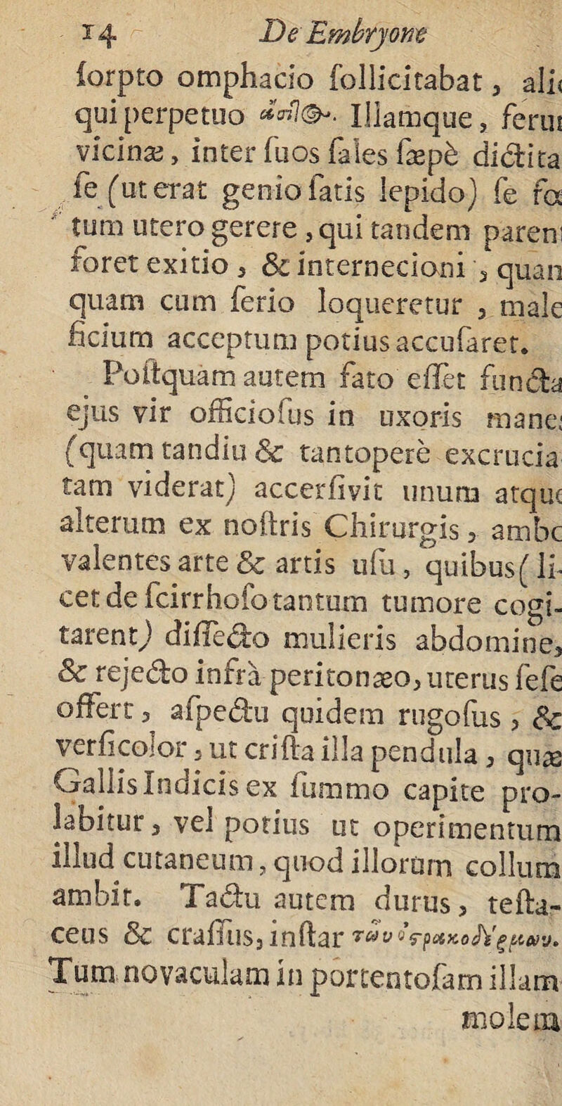 lorpto omphacio follicitabat3 ali< qui perpetuo Hlamque, ferus vicina, inter fuos fales faeph didita fe ('ut erat genio fatis lepido) fe rex tum utero gerere, qui tandem parem foret exitio 3 & internecioni 3 quan quam cum ferio loqueretur 3 male ficium acceptum potius accufaret. Poitquam autem fato e flet funda ejus vir officiofus in uxoris mane: (quam tandiu & tantopere excrucia tam viderat) accerfivit unum atque alterum ex noftris Chirurgis ambe valentes arte & artis ufu, quibus( 11 cet de fcirrhoiotantum tumore cogi- tarentj difledo mulieris abdomine, 8c rejedo infra peritonaeo, uterus fefe offert 5 afpedu quidem rugo fias , Sc verficoior, ut erilia illa pendula, quas Gallislndicis ex iummo capite pro- labitur 3 vel potius ut operimentum illud cutaneum, quod illorum collum ambit. Tadu autem durus 3 teila- ceus & crairusjinftar Tum novaculam in portentofam illam molem
