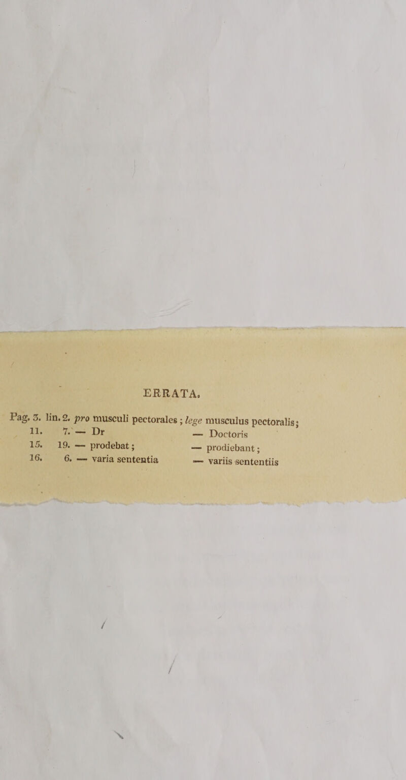 ERRATA, Pag. 3. lin. 2. pro musculi pectorales; lege musculus pectoralis • 11. 15. 16. 7. — Dr 19. — prodebat; 6. — varia sententia — Doetoris — prodiebant; —- variis sententiis / /