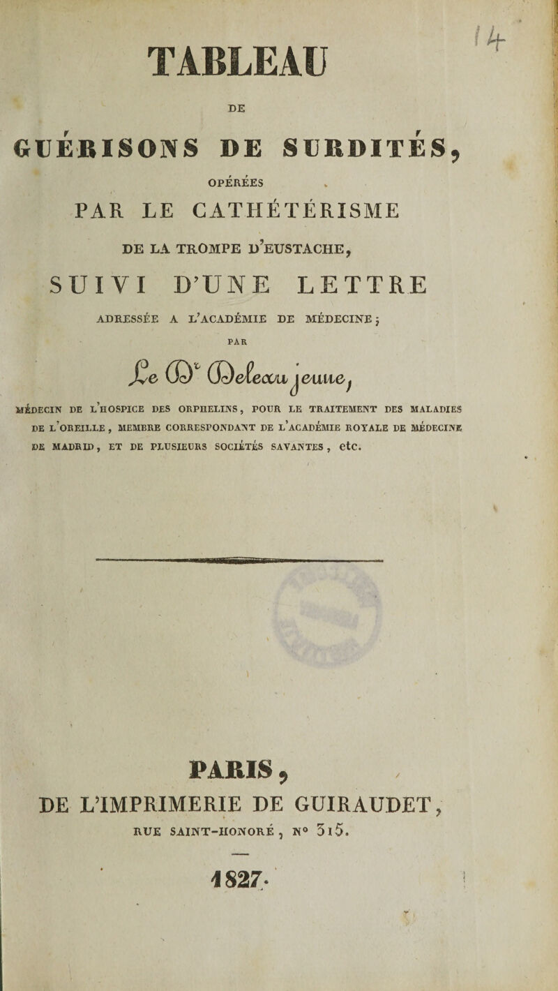 DE GVÉBISONS DE SERDITÉS, OPÉRÉES PAR LE CATHÉTÉRISME DE LA TROMPE u’eUSTACHE, SUIVI D’UNE LETTRE ADRESSÉE A L’ACADÉMIE DE MÉDECINE 5 PAR (0 (S^&îecüvi^ eiiiie ; MEDECIN DE l’hospice DES ORPHELINS, POUR LE TRAITEMENT DES MALADIES DE l’oreille , MEMBRE CORRESPONDANT DE l’ACADEMIE ROYALE DE MEDECINE DE MADRID, ET DE PLUSIEURS SOCIÉTÉS SAVANTES , CtC. PARIS , DE LTMPRIMERIE DE GUIRAUDET, RUE SAINT-HONORÉ, N® 3l5. \ 827