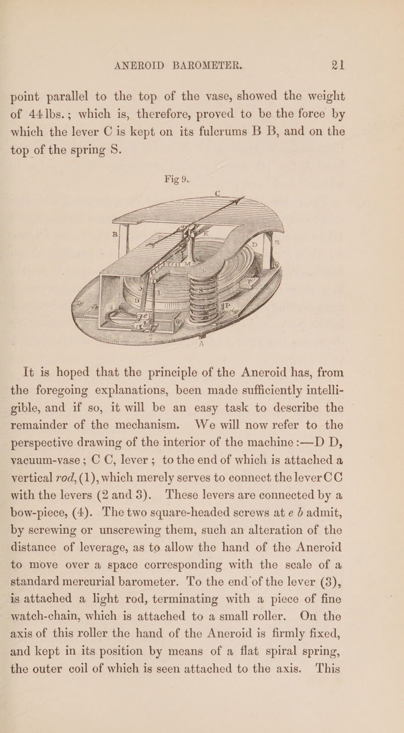 point parallel to the top of the vase, showed the weight of 44 lbs.; which is, therefore, proved to be the force by which the lever C is kept on its fulcrums B B, and on the top of the spring S. Fig 9. It is hoped that the principle of the Aneroid has, from the foregoing explanations, been made sufficiently intelli¬ gible, and if so, it will be an easy task to describe the remainder of the mechanism. We will now refer to the perspective drawing of the interior of the machine :—D D, vacuum-vase ; C C, lever ; to the end of which is attached a vertical rod, (1), which merely serves to connect the lever CC with the levers (2 and 3). These levers are connected by a bow-piece, (4). The two square-headed screws at e b admit, by screwing or unscrewing them, such an alteration of the distance of leverage, as to allow the hand of the Aneroid to move over a space corresponding with the scale of a standard mercurial barometer. To the end of the lever (3), is attached a light rod, terminating with a piece of fine watch-chain, which is attached to a small roller. On the axis of this roller the hand of the Aneroid is firmly fixed, and kept in its position by means of a flat spiral spring, the outer coil of which is seen attached to the axis. This