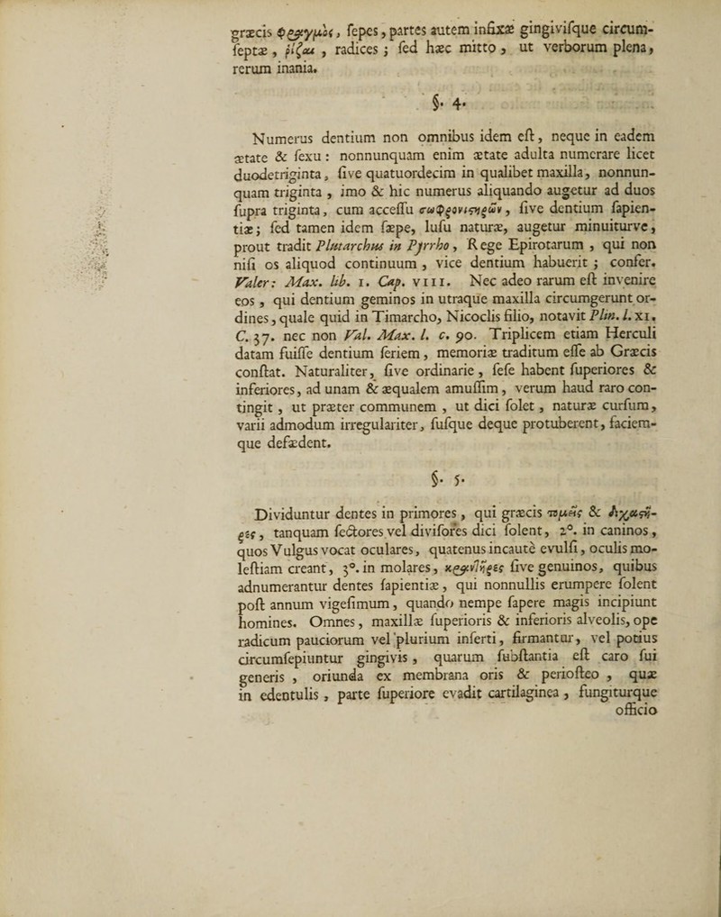 grscis p&amp;ypU, fepes, partes autem infixa; gingivifque ciraim- fepts, ?l{cu , radices ; fed haec mitto, ut verborum plena, rerum inania. §• 4* Numerus dentium non omnibus idem eft, neque in eadem setate &amp; fexu: nonnunquam enim state adulta numerare licet duodetriginta, fi ve quatuordecim in qualibet maxilla, nonnun¬ quam triginta , imo &amp; hic numerus aliquando augetur ad duos fupra triginta, cum acceflu &lt;ru(p^ovi^uv, five dentium fapien- tisj fed tamen idem fspe, lufu naturs, augetur minuiturve, prout tradit Phttarchus in Pjrrho, R ege Epirotarum , qui non nifi os aliquod continuum , vice dentium habuerit j confer. Valer: Max. lib. i. Cap. viii. Nec adeo rarum eft invenire eos , qui dentium geminos in utraque maxilla circumgerunt or¬ dines , quale quid in Timarcho, Nicoclis filio, notavit Plin. I. xi. C. 37. nec non Val. Max. I. c. 90. Triplicem etiam Herculi datam fuilfe dentium feriem, memoris traditum elfe ab Grscis confiat. Naturaliter, five ordinarie, fefe habent fuperiores &amp; inferiores, ad unam &amp; squalem amuflim , verum haud raro con¬ tingit , ut prster communem , ut dici folet, naturs curfum, varii admodum irregulariter, fufque deque protuberent, faciem¬ que defsdent. §• 5* Dividuntur dentes in primores, qui grscis Sc qif, tanquam fedores vel divifores dici folent, z°. in caninos, quos Vulgus vocat oculares, quatenus incaute evulfi, oculis mo- leftiam creant, 30. in molares, K&amp;vlfyzs five genuinos, quibus adnumerantur dentes lapientis, qui nonnullis erumpere folent poft annum vigefimum, quando nempe fapere magis incipiunt homines. Omnes, maxills fuperioris &amp; inferioris alveolis, ope radicum pauciorum velplurium inferti, firmantar, vel potius circumfepiuntur gingivis, quarum fubftantia eft caro fui generis , oriunda ex membrana oris &amp; periofteo , qus in edentulis, parte fuperiore evadit cartilaginea , fungiturque officio