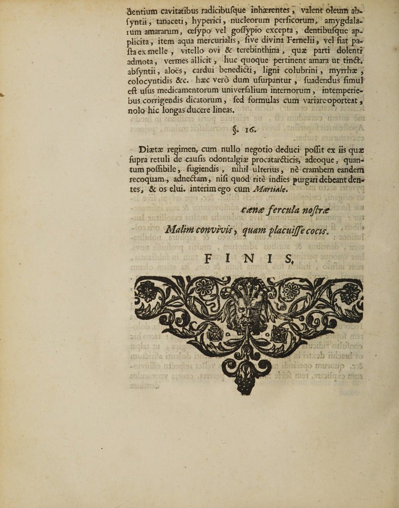 'dentium cavitatibus radicibufque inhaerentes , valent oleum ab- fyntii, tanaceti, hyperici, nucleorum perficorum, amygdala- lum amararum, oefypo vel goffypio excepta, dentibufque ap¬ plicita , item aqua mercurialis, five divina Femelii, vel fiat pa- fta ex meile , vitello ovi &amp; terebinthina , quae parti dolenti admota, vermes allicit, huc quoque pertinent amara ut tind. abfyntii, aloes, cardui benedidi, ligni colubrini, myrrhae , colocyntidis &amp;c. haec vero dum ufurpantur , fuadendus fimul eft ufus medicamentorum univerfalium internorum , intemperie- bus corrigendis dicatorum, fed formulas cum variare oporteat, nolo hic longas ducere lineas. §. 16. Diaetae regimen, cum nullo negotio deduci poflit ex iis quas fupra retuli ae caufis odontalgis procatardicis, adeoque, quan¬ tum poflibile, fugiendis , nihil ulterius, n£ crambem eandem recoquam., adnedam, nifi quod rite indies purgari debeant den¬ tes, &amp; os elui, interimego cum Martiale. cana Malim convivis > quam placuijje com. fercula noftra