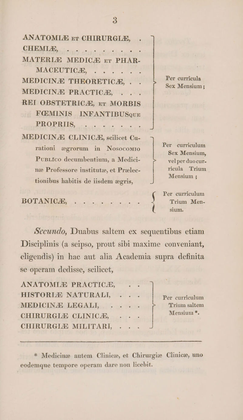 ANATOMLE et CHIRURGLE, . CHEMLE,. materia: medica: et phar¬ maceutica:, . medicina: theoretica:, . . medicina: practica:, . . . REI OBSTETRICA:, et morbis FCEM1NIS INFANTIBUSque PROPRIIS,. MEDICINA; CLINICA:, scilicet Cu- rationi aegrorum in Nosocomio Publico decumbentium, a Medici¬ nae Professore institutae, et Praelec¬ tionibus liabitis de iisdem aegris, Per curricula Sex Mensium; Per curriculum Sex Mensium, vel per duo cur¬ ricula Trium Mensium ; BOTANICAG, C Per curriculum } Trium Men- sium. Secundo, Duabus saltem ex sequentibus etiam Disciplinis (a seipso, prout sibi maxime conveniant, eligendis) in hac aut alia Academia supra definita se operam dedisse, scilicet, ANATOMICE PRACTIOE, HISTORLE NATURALI, . MEDICINAS LEGALI, . . CHIRURGIAS CLINICAS, . CHIRURGIAS MILITARI, . Per curriculum &gt; Trium saltem Mensium *. * Medicinae autem Clinicae, et Chirurgiae Clinicae, uno eodemque tempore operam dare non licebit.