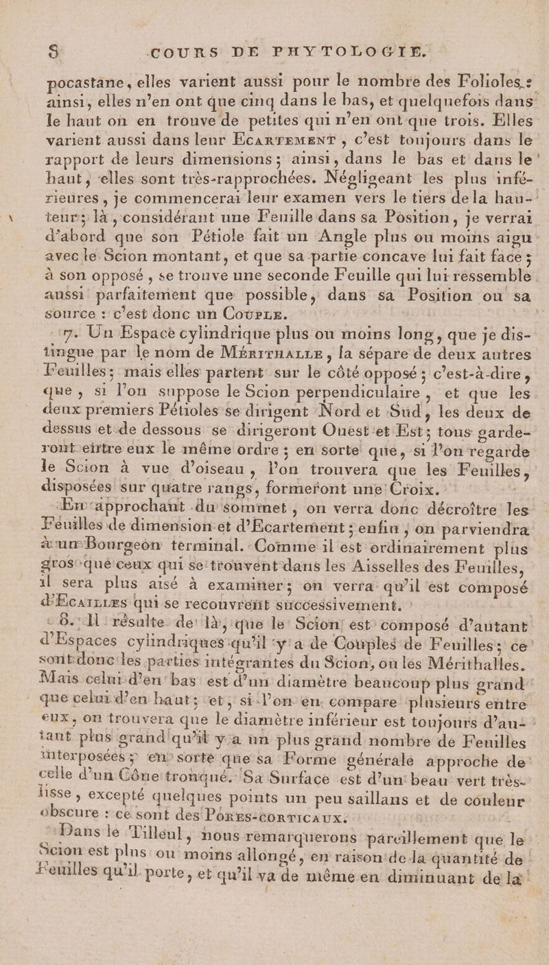 pocastane, elles varient aussi pour le nombre des Folioles^? ainsi, elles n’en ont que cinq dans le bas, et quelquefois flans îe haut on en trouve de petites qui n’en ont que trois. Elles varient aussi dans leur Ecartement , c’est toujours dans le rapport de leurs dimensions $ ainsi, dans îe bas et dans le haut, elles sont très-rapprochées. Négligeant les plus infé¬ rieures, je commencerai leur examen vers le tiers delà hau- v leur5 là , considérant une Feuille dans sa Position, je verrai d'abord que son Pétiole fait un Angle plus ou moins aigu avec îe Scion montant, et que sa partie concave lui fait face £ à son opposé , se trouve une seconde Feuille qui lui ressemble aussi parfaitement que possible, dans sa Position ou sa source : c’est donc un Couple. 7* Un Espacé cylindrique plus ou moins long, que je dis¬ tingue par le nom de Mérithalle , îa sépare de deux autres Feuilles5 mais elles partent sur le côté opposé 5 c’est-à-dire, que , si l’on suppose le Scion perpendiculaire , et que les deux premiers Pétioles se dirigent Nord et Sud, les deux de dessus et de dessous se dirigeront Ouest et Est j tous garde¬ ront eiïtre eux le même ordre 5 en sorte que, si l’on regarde le Scion à vue d’oiseau, l’on trouvera que les Feuilles, disposées sur quatre rangs, formeront une Croix. En approchant du sommet , on verra donc décroître les Feuilles de dimension et d’Ecartement 5 enfin , on parviendra à un Bourgeon terminal. Comme il est ordinairement plus gros que ceux qui se trouvent dans les Aisselles des Feuilles, d sera plus aisé à examiner 5 on verra qu’il est composé d Ecailles qui se recouvrent successivement. b. Il résulte de là , que le Scion est composé d’autant u Espaces cylindriques qu’il y a de Couples de Feuilles 5 ce sont donc les parties intégrantes du Scion> ou les Mérithalles. Mais celui d’en bas est d’un diamètre beaucoup pins grand que celui d’en haut; et, si l’on en compare plusieurs entre eux, on trouvera que le diamètre inférieur est toujours d’au- lant grand qu’il y a un plus grand nombre de Feuilles interposées p en sorte que sa Forme générale approche de cehe d’un Cône tronqué. Sa Surface est d’un beau vert très- irsse , excepté quelques points un peu saillaiis et de couleur obscure : ce sont des Pores-corvjcaux. Dans le Tilleul, nous remarquerons pareillement que le (\C10ÎJ est P .)s ou moins allongé, en raison de la quantité de ueûmes qu il porte, et qu’il va de même en diminuant de la