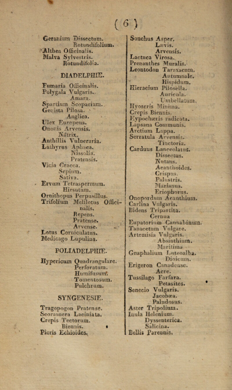 - (6 ) Géranium Dissectum. Rotundifolium. vAlthea OiRcina'.is. Malva Sylvesiris. Rotundifolia. BIADELPHIE. Fumaria OIHcinalis. Polygala Vulgaris.. Amara. Spartium Scoparium. G ers is ta Pilosa. ' Anglica. Ulex Européus. Ononis Arvensis. Ntftrix. Antbillis Vulueraria. Lathyrus Aphaea. ÎSissolia. Pratensis. Vicia Cracca. Sépiura. Sativa. Ervum Tetraspermum. Hirsutum. Ornithopus Perpusillus. Trifolium Melilotus O/Jîci- nalis» Repens. Pratense. Arvcnse- Lotus Corniculatus. Medicago Lupulina. POLIADELPHIE. Hypericum Quadranguïare. Perforât ura. Humifusum*. Tomentosum. Pulchrum. SY1VGENESIE. Tragopogon Pratense. Scorzonera Laciniata. Crépis Tectorum. Bieonis. • Picris Echioidcs. Sonchus Asper. Lævis. Arvensis. Lactuca Virosa. Prenanthes Muraïis. Leontodon Taroxacum. Autumnale. Hispidum. Eieracium Piiosella. Auricula. Embellatum, Hyoseris Minima. Crépis Biennis. Kypochæris râdîcata. Lapsana Communis. Arctium Lappa. Serratula Arvensis. Tiactoria. Carduus LaneeolatuS. Disse s tus. IVutans. Acanthoides. Crispus. Pal us tris. Maria nus. Eriopborus. Onopordura Acanthium. Carlina Vulgaris. Bidens Tripartita. Cernua Eupatoriura Cannabinum. Tanacetum Vulgare. Arteniisia Vulgaris. Absintbiura. Ma ri lima Gnaphalium Luteoalba, Dioicum. Erigeron Canadcnse. Acre. Tussilago Farfara. Petasites. Senccio Vulgaris, Jacobæa. Paludosus. Aster Tripolium* luula Helcnium. Dyssenterica. Salicina. Bellis parenûis.