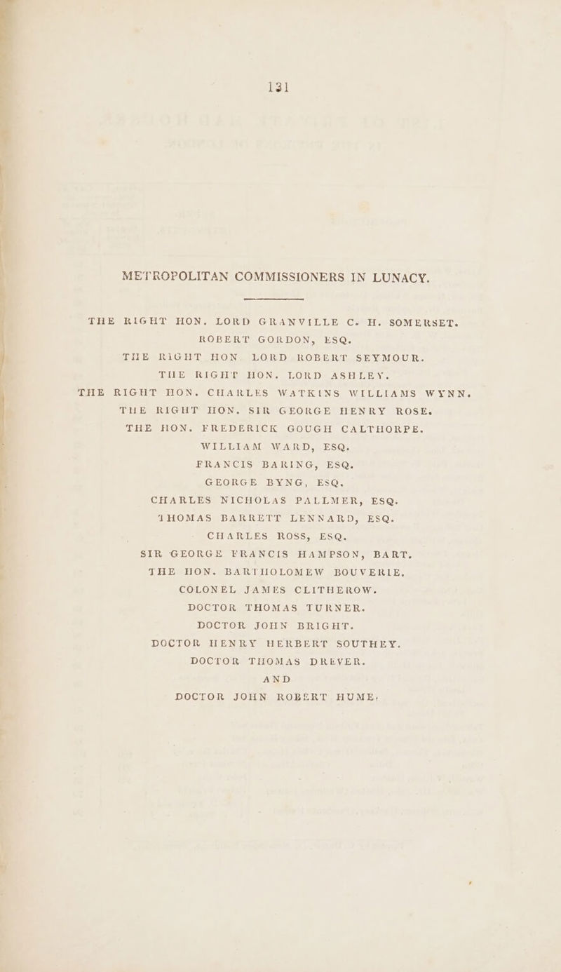 METROPOLITAN COMMISSIONERS IN LUNACY. THE RIGHT HON. LORD GRANVILLE C. H. SOMERSET, ROBERT GORDON, ESQ. THE RIGHT HON. LORD ROBERT SEYMOUR. THE RIGHT HON. LORD ASHLEY. THE RIGHT HON. CHARLES WATKINS WILLIAMS WYNN. THE RIGHT HON. SIR GEORGE HENRY ROSE, THE HON. FREDERICK GOUGH CALTHORPE. WILLIAM WARD, ESQ. FRANCIS BARING, ESQ. GEORGE BYNG, ESQ. CHARLES NICHOLAS PALLMER, ESQ. THOMAS BARRETT LENNARD, ESQ. CHARLES ROSS, ESQ. SIR GEORGE FRANCIS HAMPSON, BART. THE HON. BARTHOLOMEW BOUVERILE, COLONEL JAMES CLITHEROW. DOCTOR THOMAS TURNER. DOCTOR JOHN BRIGHT. DOCTOR HENRY HERBERT SOUTHEY. DOCTOR THOMAS DREVER. AND DOCTOR JOHN ROBERT HUME.