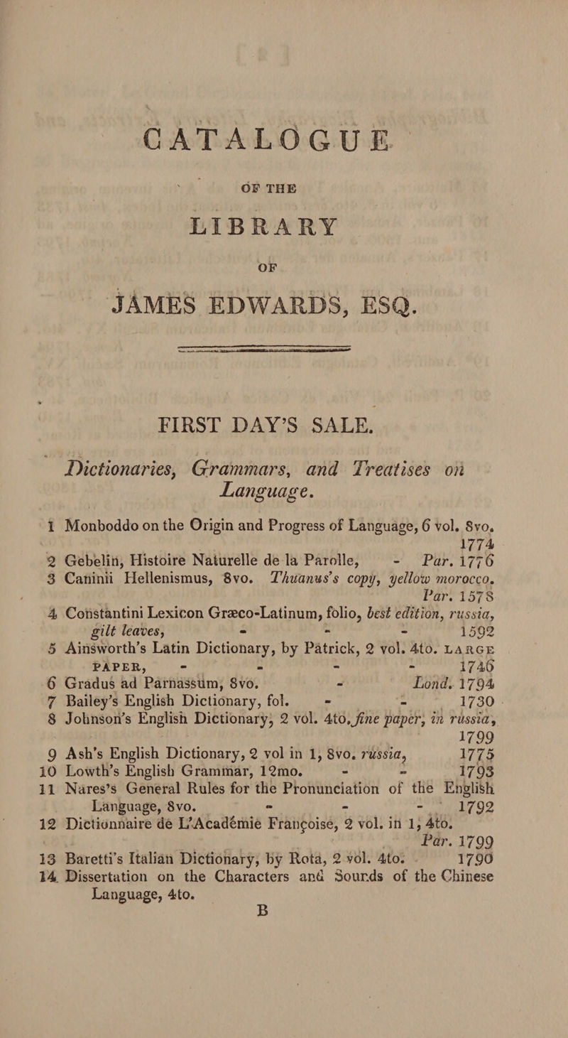 %■ •J 1 2 3 4 5 6 7 8 9 10 11 12 13 14 CATALOGUE OF THE LIBRARY OF JAMES EDWARDS, ESQ. FIRST DAY’S SALE. • / i t * Dictionaries, Grammars, and Treatises on Language. Monboddo on the Origin and Progress of Language, 6 vol. Svo. 1774 Gebelin, Histoire Naturelle de la Parolle, - Par. IJjG Catiinii Hellenismus, Svo. Thuamss copy, yellow morocco. Par. 1578 Constantini Lexicon Grseco-Latinum, folio, best edition, russia, gilt leaves, - 1592 Ainsworth’s Latin Dictionary, by Patrick, 2 vol. 4to. large paper, - 1746 Gradus ad Parnassum, Svo. - Lond. 1794 Bailey’s English Dictionary, fol. - - 1730 Johnson’s English Dictionary, 2 vol. 4to,fine paper, in russia, 1799 Ash’s English Dictionary, 2 vol in 1, Svo. russia, 3775 Lowth’s English Grammar, 12mo. - - 3793 Nares’s General Rules for the Pronunciation of the English Language, Svo. - - _ 1792 Dictionnaire de L’Academie Franpoise, 2 vol. in 3, 4to. Par. 3 799 Baretti’s Italian Dictionary, by Rota, 2 vol. 4to. 3 790 Dissertation on the Characters and Sounds of the Chinese Language, 4to. B