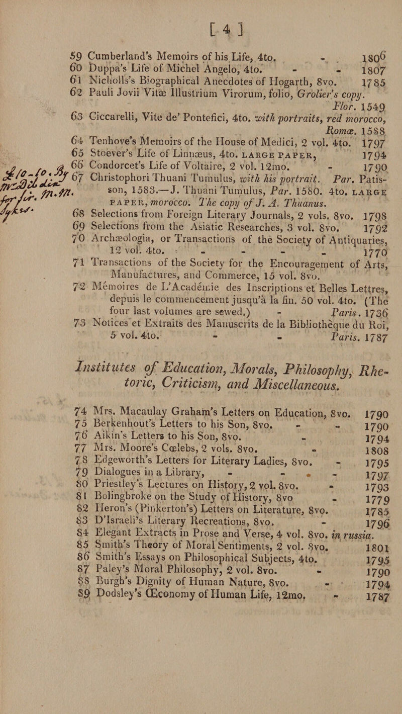 59 Cumberland's Memoirs of his Life, 4to. - 60 Duppa’s Life of Michel Angelo, 4to. - - 1807 6*1 Nicholls’s Biographical Anecdotes of Hogarth, 8vo. 1785 62 Pauli Jovii Vitas lllustrium Virorum, folio, Groliers copy. Flor. 1549 60 Ciccarelli, Vite de’ Pontefici, 4to. zoith portraits, red morocco, 64 65 , 66 68 69 70 71 72 73 Rom&lt;£, 1588 Tenhove’s Memoirs of the House of Medici, 2 vol. 4to. 1797 Stoever’s Life of Linnasus, 4to. large paper, 3 794 Condorcet’s Life of Voltaire, 2 vol. 12mo. - 1790 Christophori Thuani Tumulus, with his portrait. Par. Patis- son, 1583.— J. Thuani Tumulus, Par. 1580. 4to, large paper, morocco. The copy of J. A. Thuanus. Selections from Foreign Literary Journals, 2 vols. 8vo. 179S Selections from the Asiatic Researches, 3 vol. Svo. 1792 Archmologia, or Transactions of the Society of Antiquaries, 12 vol. 4to. - - _ 1770 Transactions of the Society for the Encouragement of Arts, Manufactures, and Commerce, 15 vol. 8vo. Memoires de L’Academie des Inscriptions et Belles Lettres, depuis le commencement jusqu’a la fin. 50 vol. 4to. (The four last volumes are sewed.) - Paris. 1/36 Notices'et Extraits des Manuscrits de la Bibliotheque du Roi, 5 vol. 4to. - . Paris. 1787 Institutes of Education, Morals, Philosophy, Rhe¬ toric, Criticism, and Miscellaneous. 74 Mrs. Macaulay Graham’s Letters on Education, Svo. 1790 75 Berkenhout’s Letters to his Son, Svo. - - 1790 76 Aikin’s Letters to his Son, 8vo. - 17Q4 77 Mrs. Moore’s Ccelebs, 2 vols. Svo. - 1808 78 Edgeworth’s Letters for Literary Ladies, Svo. - 1795 79 Dialogues in a Library, - # 1797 80 Priestley’s Lectures on History, 2 vol. 8vo. - 1793 81 Bolingbroke on the Study of History, Svo . 1779 82 Heron’s (Pinkerton’s) Letters on Literature, Svo. 1735 83 DTsraeli’s Literary Recreations, Svo. - 1796 84 Elegant Extracts in Prose and Verse, 4 vol. Svo. in russia. 85 Smith’s Theory of Moral Sentiments, 2 vol. Svo. 1801 86 Smith’s Essays on Philosophical Subjects, 4to. 1795 87 Paley’s Moral Philosophy, 2 vol. 8vo. - 1790 88 Burgh’s Dignity of Human Nature, Svo. - 1704