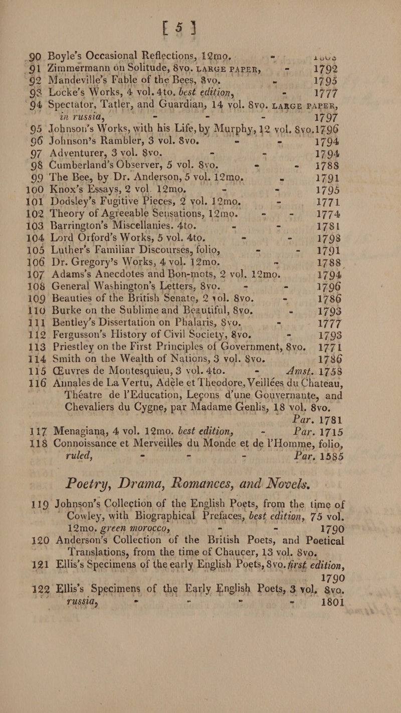 91 Zimmermann on Solitude, 8vo. large paper, - 1792 92 Mandevilie’s Fable of the Bees, Svo. - 1795 9? Locke’s Works, 4 vol. 4to. best edition, - 1777 94 Spectator, Tatler, and Guardian, 14 vol. Svo. large paper, in russia, - 1797 95 Johnson’s Works, with his Life, by Murphy, 12 vol, Svo.179b 96 Johnson’s Rambler, 3 vol. Svo. 97 Adventurer, 3 vol. Svo. 9$ Cumberland’s Observer, 5 vol. Svo. 99 100 101 102 103 104 105 10b 107 108 109 110 111 112 113 114 115 The Bee, by Dr. Anderson, 5 vol. 12mo. Knox’s Essays, 2 vol 12mo. Dodsley’s Fugitive Pieces, 2 vol. J2mo. Theory of Agreeable Sensations, 12mo. Barrington’s Miscellanies. 4to. Lord Orford’s Works, 5 vol. 4to. Luther’s Familiar Discourses, folio, Dr. Gregory’s Works, 4 vol. 12mo. Adams’s Anecdotes and Bon-mots, 2 vol. 12mo. General Washington’s Letters, Svo. 1794 1794 1788 1791 1795 1771 1774 1781 1798 1791 1788 1794 179b 178b 1793 1777 1793 1771 178b Beauties of the British Senate, 2 tjol. 8vo. Burke on the Sublime and Beautiful, Svo. Bentley’s Dissertation on Phalaris, Svo. Fergusson’s History of Civil Society, Svo. Priestley on the First Principles ot Government, Svo. Smith on the Wealth of Nations, 3 vol. Svo. CEuvres de Montesquieu, 3 vol. 4to. - Amst. 1758 lib Annalesde LaVertu, Adele et Theodore, Veillees du Chateau, Theatre de 1’Education, Lepons d’une Gouvernante, and Chevaliers du Cygne, par Madame Genlis, 18 vol. 8vo. Par. 1781 117 Menagiana? 4 vol. 12mo. best edition, - Par. 1715 118 Connoissance et Merveiiles du Monde et de l’Homme, folio, ruled, - - Par. 1585 Poetry, Drama, Romances, and Novels. 119 Johnson’s Collection of the English Poets, from the time of Cowley, with Biographical Prefaces, best edition, 75 vol. 12mo. green morocco, - - 1790 120 Anderson’s Collection of the British Poets, and Poetical Translations, from the time of Chaucer, 13 vol. Svo. 121 Ellis’s Specimens of the early English Poets,8vo./z&gt;,s£ edition, 1790 122 Ellis’s Specimens of the Early English Poets, 3 vol. Svo. russia, * - - - 1801