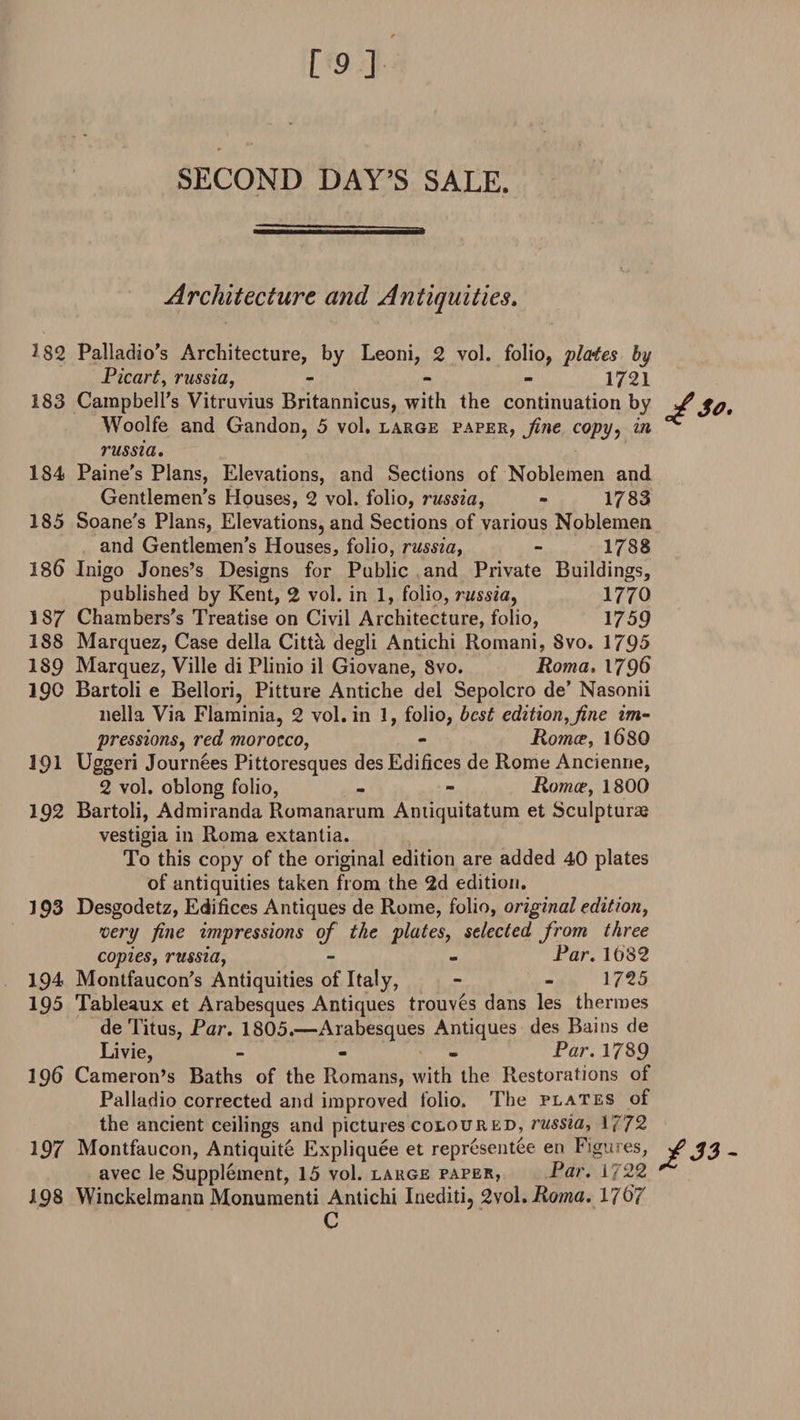 [9] SECOND DAY’S SALE. Architecture and Antiquities. *82 Palladio’s Architecture, by Leoni, 2 vol. folio, plates by Picart, russia, - - - 1721 183 Campbell’s Vitruvius Britannicus, with the continuation by $0t Woolfe and Gandon, 5 vol. large paper, fine copy, in russia. 184 Paine's Plans, Elevations, and Sections of Noblemen and Gentlemen’s Houses, 2 vol. folio, russia, - 1783 185 Soane’s Plans, Elevations, and Sections of various Noblemen and Gentlemen’s Houses, folio, russia, - 1788 186 Inigo Jones’s Designs for Public and Private Buildings, published by Kent, 2 vol. in 1, folio, russia, 1770 187 Chambers’s Treatise on Civil Architecture, folio, 1739 188 Marquez, Case della Citth degli Antichi Romani, 8vo. 1793 189 Marquez, Ville di Plinio il Giovane, 8vo. Roma, 179^ 190 Bartoli e Bellori, Pitture Antiche del Sepolcro de’ Nasonii nella Via Flaminia, 2 vol. in 1, folio, best edition,fine im¬ pressions^ red morocco, - Romce, \680 391 Uggeri Journees Pittoresques des Edifices de Rome Ancienne, 2 vol. oblong folio, - - Romce, 1800 192 Bartoli, Admiranda Romanarum Amiquitatum et Sculpture vestigia in Roma extantia. To this copy of the original edition are added 40 plates of antiquities taken from the 2d edition. 393 Desgodetz, Edifices Antiques de Rome, folio, original edition, very fine impressions of the plates, selected from three copies, russia, - - Par. 1082 194 Montfaucon’s Antiquities of Italy, - - 1725 195 Tableaux et Arabesques Antiques trouves dans les thermes de Titus, Par. 1803.—Arabesques Antiques des Bains de Livie, - - - Par. 1789 196 Cameron’s Baths of the Romans, with the Restorations of Palladio corrected and improved folio. The plates of the ancient ceilings and pictures coloured, russia, 1/72 197 Montfaucon, Antiquite Expliquee et representee en Figures, jg * avec le Supplement, 15 vol. large paper, Par. 1722 1$8 WinckelmannMonumenti Antichi Inediti, 2vol.Roma. 1767 C