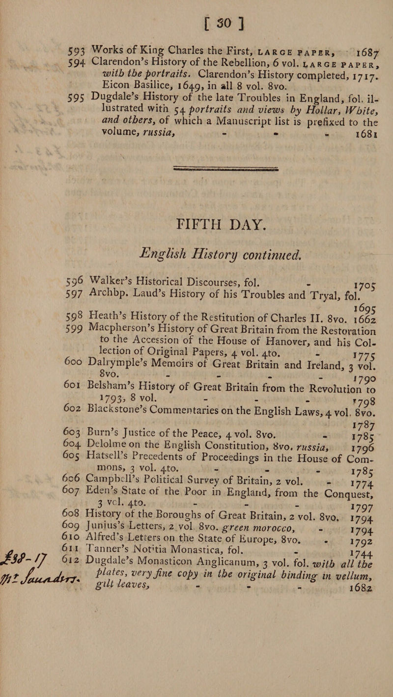 593 Works of King Charles the First, large paper, 16S7 594 Clarendon’s History of the Rebellion, 6vo1.large paper, with theportraits. Clarendon’s History completed, 1717. Eicon Basilice, 1649, in all 8 vol. 8vo. 595 Dugdale’s History of the late Troubles in England, fol. il¬ lustrated with 54 portraits and views by Hollar, IVbite, and others, of which a Manuscript list is prefixed to the volume, russia, - - - 1681 FIFTH DAY. English History continued. 596 Walker’s Historical Discourses, fol. - jy0r 597 Archbp. Laud’s History of his Troubles and Tryal, fol. 598 Heath’s History of the Restitution of Charles II. 8vo. 1662 599 Macpherson’s History of Great Britain from the Restoration to the Accession of the House of Hanover, and his Col¬ lection of Original Papers, 4 vol. 4to. - 177S 600 Dalrymple’s Memoirs of Great Britain and Ireland, q vol. 8vo- ' - - ,790 601 Belsham’s History of Great Britain from the Revolution to 1793,8 vol. - - . ?793 602 Blackstone’s Commentaries on the English Laws, 4 vol, 8vo. 603 604 605 606 607 608 609 610 611 612 X 7 Q M Burn’s Justice of the Peace, 4 vol. 8vo. - 1785 Delolme on the English Constitution, 8vo, russia, 1796 HatselPs Precedents of Proceedings in the House of Com¬ mons, 3 vol. 4to. - - „ I7g^ Campbell’s Political Survey of Britain, 2 vol. - 1774 Edvii s State of the Poor in England, from the Conquest 3 vcl. 4to. - - . I?97 History of the Boroughs of Great Britain, 2 vol. 8vo. 1794 Junius’s Letters, 2 vol 8vo. green morocco, - 1794 Alfred s Letters on the State of Europe, 8vo. • 1792 'f anner’s Not;tia Monastica, fol. - 1744 Dugdale’s Monasticon Anglicanum, 3 vol. fol. with all the plates, very fine copy in the original binding in vellum, gilt leaves, - 1682