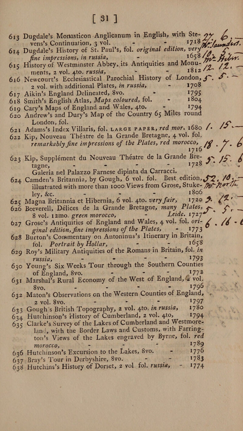 613 Dugdale’s Monasticon Anglicanum in English, with Ste-^y ^ __ vens’s Continuation, 3 vol. - - 171 ^ 614 Dugdale’s History of St. Paul’s, fol. original edition, very ‘ > __ fine impressions, in russia, - 'fyt/L JfvCvr- 615 History of Westminster Abbey, its Antiquities and Monu- ' ^ _ ments, 2 vol. 4to. russia, - - 1812 ' 616 Newcourt’s Ecclesiastical Parochial History of London,^. ~ 2 vol. with additional Plates, in russia, - 1708 617 Aikin’s England Delineated, 8vo. - 1795 618 Smith’s English Atlas, Maps coloured, fol. - 1804 619 Cary’s Maps of England and Wales, 4U). - 1794 620 Andrew’s and Dury’s Map of the Country 65 Miles round London, fol. , /C* 621 Adams’s Index Villaris, fol. large p aper, red mor. 1680 /• / 622 Kip, Nouveau Theatre de la Grande Bretagne, 4 vol. fol. remarkably fine impressions of the Plates, red morocco, jd * 1716 ' 623 Kip, Supplement du Nouveau Theatre de la Grande Bre- rff g tagne, - - _  1728 Galeria riel Palazzo Farnese dipinta da Carracci. 624 Camden’s Britannia, by Gough, 6 vol. fol. Best edition,4 illustrated with more than 1000 Views from Grose, Stuke- ft/1-ftcrrfU- 625 Magna Britannia et Hibernia, 6 vol. 4to. very fair, 1720 ft, ' 626 Beeverell, Delices de la Grande Bretagne, many Plates,j^ _ 8 vol. i2mo. green morocco, - Leide. i727 y 627 Grose’s Antiquities of England and Wales, 4 vol. fol. on- / % * / ginal edition, fine impressions of the Plates, - }773V 628 Burton’s Commentary on Antoninus’s Itinerary in Britain, fol. Portrait by Hollar, - . 7 1658 629 Roy’s Military Antiquities of the Romans in Britain, fol. in russia - — — — 1793 630 Young’s’ Six Weeks Tour through the Southern Counties of England, 8vo. - - l77z 631 Marshal’s Rural Economy of the West of England,4 vol. 8vo. - - * 179^ 632 Maton’s Observations on the Western Counties of England, < 2 vol. 8vo. - - * l797 633 Gough s British Topography, 2 vol. 4to. in russia, 1780 634 Hutchinson’s History of Cumberland, 2 vol. 4to, 1794 635 Clarke’s Survey of the Lakes of Cumberland and Westmoie- lanu, with the Border Laws and Customs, with Farring¬ ton’s Views of the Lakes engraved by Byrne, fol. red morocco, - -  *7^9 636 Hutchinson’s Excursion to the Lakes, 8vo. - 1776 637 Bray’s Tour in Derbyshire, 8vo. - . - l7§3 638 Hutchins’s History of Dorset, 2 vol fol. russia, - *774