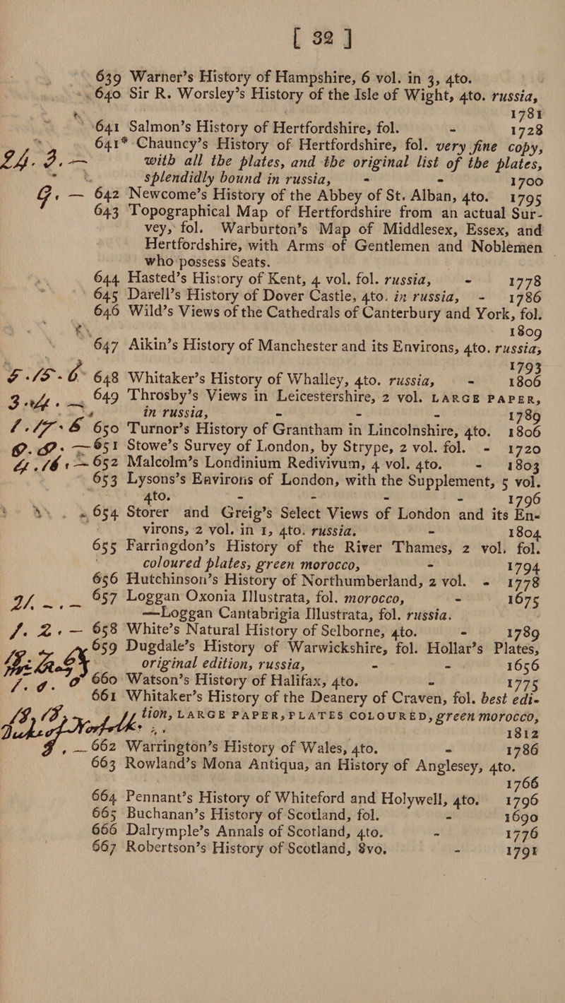 Z4- $• 3 * —> % 639 Warner’s History of Hampshire, 6 vol. in 3, 4to. 640 Sir R. Worsley’s History of the Isle of Wight, 4to. russia, 1781 641 Salmon’s History of Hertfordshire, fol. - 1728 641'* Chauncy’s History of Hertfordshire, fol. very fine copy, with all the platesy and the original list of the plates, ’ splendidly bound in russia, - - 1700 G * — 642 Newcome’s History of the Abbey of St. Alban, 4to. 1795 643 Topographical Map of Hertfordshire from an actual Sur¬ vey, fol. Warburton’s Map of Middlesex, Essex, and Hertfordshire, with Arms of Gentlemen and Noblemen who possess Seats. 644 Hasted’s History of Kent, 4 vol. fol. russia, - 1778 645 Darell’s History of Dover Castle, 4to. in russia, - 1786 646 Wild’s Views of the Cathedrals of Canterbury and York, fol. 1809 647 Aikin’s History of Manchester and its Environs, 4to. russia, 1793 648 Whitaker’s History of Whalley, 410. russia, - 1806 649 Throsby’s Views in Leicestershire, 2 vol. large paper, , in russia, - - - I789 • • /f^' o 650 Tumor’s History of Grantham in Lincolnshire, 4to. 1806 19<P• ~tsl Stowe’s Survey of London, by Strype, 2 vol. fol. - 1720 -652 Malcolm’s Londinium Redivivum, 4 vol. 4to. - 1803 653 Lysons’s Environs of London, with the Supplement, 5 vol. 4to. _ - . - - - 1796 \ * 654 Storer and Greig’s Select Views of London and its En¬ virons, 2 vol. in 1, 4to. russia. - 1804 655 Farringdon’s History of the River Thames, 2 vol. fol. coloured plates, green morocco, 656 Hutchinson’s History of Northumberland, 2 vol. 657 Loggan Oxonia Illustrata, fol. morocco, —-Loggan Cantabrigia Illustrata, fol. russia. 658 White’s Natural History of Selborne, 4to. - 659 Dugdale’s History of Warwickshire, fol. Hollar’s Plates^ original edition, russia, - - 1656 660 Watson’s History of Halifax, 4to. - 1775 661 Whitaker’s History of the Deanery of Craven, fol. best edi¬ tion, large paper,plates coloured,green morocco, • 1812 662 Warrington’s History of Wales, 4to. - 1786 663 Rowland’s Mona Antiqua, an History of Anglesey, 4to. 1766 664 Pennant’s History of Whiteford and Holywell, 4to. 1796 665 Buchanan’s History of Scotland, fol. - 1690 666 Dalrymple’s Annals of Scotland, 4to. - 1776 66/ Robertson’s History of Scotland, Svo. - 1791 /. z< ,■*4 /. a. 0 •794 1778 i675 1789 //, //,