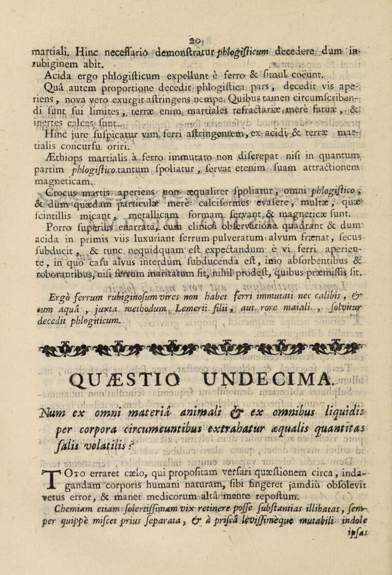 maftiali. Hinc neceffario demonftratur phlegfikum decedere dum ia* jubiginem abit. ! * Acida ergo phlogiflicum expellunt e ferro fimul coeunt. Qua autem proportione decedit phlogiftiea parsdecedit vis ape- riens, nova vero exurgit ailringens nempe? Quibus tamen circumicribsn- di iunt fui limites,, terrae enim, martiales refradarisetmere fatuae, <Sc inertes calces/funt;-..* ' ' rr,^; /r .■ -,J - Hinc jure fufpicatm* vim. ferri aftringentem, ex: acidv.& terrae raar- tialis concurfu oriri; iEtbiops martialis a ferro immutato non difcrepat nifi in quantum. partim pblogfiico,tantum fpoliatur , iervat etenim fuam a-ttradionemi magneticam». Grocus mantis aperiens non aequaliter fpoliatur , omni phlogiftico, & dum quaedam particulae mere calci formes eva lere> multae , quae fcintillis micant,, metallicam fonnanx fei\vant <3t magneticae funt. Porro fuperius enarrata,, curii clinici obfferv&tiona quadrant & dum acida in primis viis luxuriant ferrum pulveratunv. alvum fraenat, fecus fubducit ,v & tunc nequidquam eii expedandimv e. vi ferri aperien¬ te , iii quo cafu alvus interdum fubducenda eft, imo abforbennbus 6c roborantibus, nifi ferrum maritatum fit, nihibprodeil, quibus prsemiffis iit. JM Ergo ferrum rubigihofum vires non habet ferri immutati nec calibis , & mm aqua , juxta methodum Lemerii filii, aut. rore maiali folvtmr decedit phlogiiicume J IlL ftf >ft j ‘ llCOf x itum ex omni materia animali dT ex omnibus liquidis ter corpora circumeuntibus extrahatur aqualis quantitas falis volatilis i »ru') TOto erraret csdo, qui propofitam veffari quseflionern circa, inda¬ gandam corporis humani naturam, fibi fingeret jamdiu obfolevit vetus error, & manet medicorum alta mente r epodum. Chemiam etiam lolertijjimam vix retinere poffe fubjiantias illibatas, fem^ per quippe mi fiet prius feparata , & k prfi a leviffimeque mutabili indole