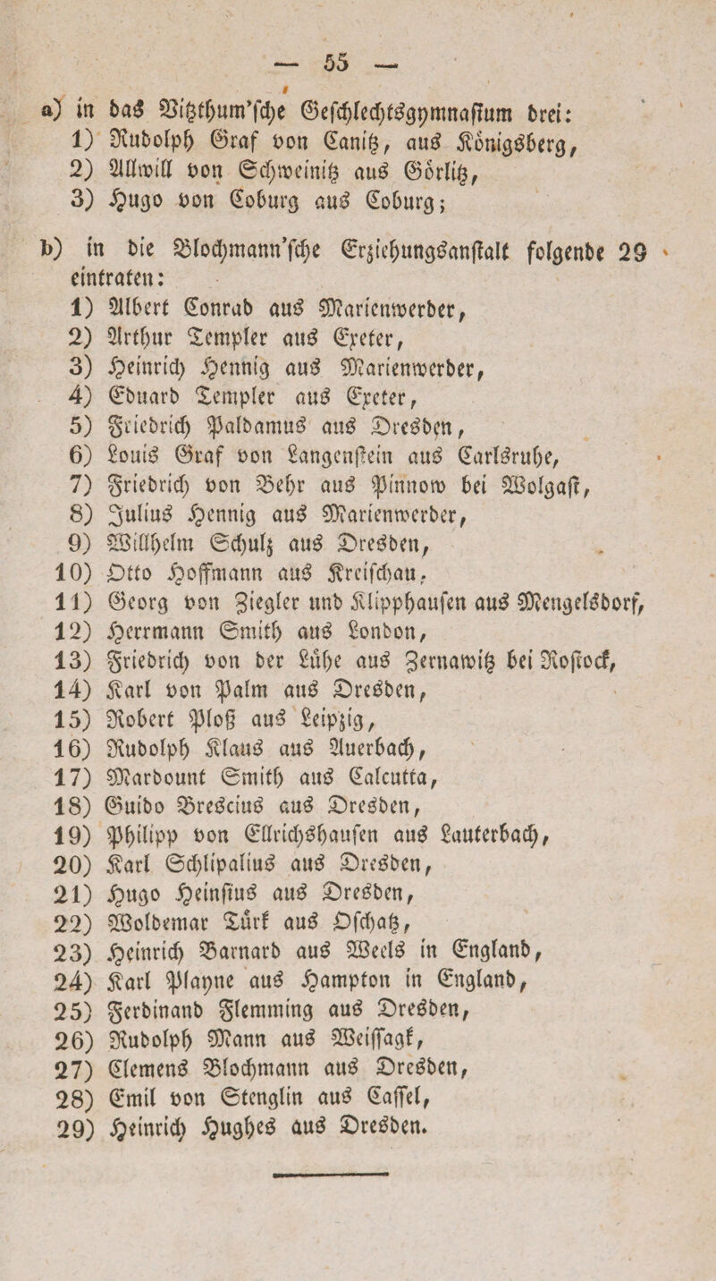 1) Dittbcdpb ©raf bon (Eanig, ciu$ $omg$6erg, 2) Mtbifl bon ©djtbemig au$ ©orlig, 3) £ugo bon Goburg au£ (Eoburcj; b) tn bie $Mod;mattn’jcf>e 6rjie^un^an(tal( folcjenbe 29 einfraten: 1) 2Ubert @onrub au£ SDiartcmberber, 2) 2lrtf)ur tempter au^ €pe£er, 3) £emrtd) ipennig au$ 3Rartenwerbcrf 4) €buarb Xempler aug ©peter, 5) griebriefj $albamu$ aug £)rc$bcn, 6) £oui3 0raf bon £angcn(!ein aus> @ar($ruf)e, 7) griebrid) bon £3ef)r aug ^mnono bei ®olgajt, 8) 3uliu$ Jgenttig au£ €S?artenn>erber/ 9) SBiBbefm ©cfjulj au$ £>re$ben, 10) Otto Jpofftaantt au$ Srclfcbau- 11) ©corg bon giegler wnb 5Uippbaufett au$ SRatgettborf, 12) jperrmann ©miti) £onbon, 13) griebriefy bon ber £uf)e au$ gernatMl Ui HKojfocf, 14) Sarl bon ^3alm au$ £)re£ben, 15) Sftobert ^3Iog au3 £eipjtg, 16) 9\ubolpl) $Iau$ a«6 2luer6ac^ f 17) SOJarbount ©miti) aug ^alcuttaf 18) ©mbo ^re^ctub au£ £)regben, 19) ^3f>tltpp bon (£flricfy$f)aufen aug Sauferbad;, 20) ivarl ©d)lipa(tu£ au$ £)regben, 21) £ugo JjdnftuS au3 ©re^ben f 22) £Bolbemat Xurf au£ £)ftf)a§, 23) Jjjcinrid) 5$arnarb au£ 3Seel$ tn ©ngfanb, 24) $arl ^Mapne au3 £ampfon in ©nglanb, 25) gerbinanb gtemming aug £)re$ben, 26) SRubolpf) $?ann aug 2Bei|]agf, 27) (Siemens SBlocfymann auS £>reSben, 28) <£mtl bon ©tenglin auS GEafiel, 29) ijetnrid) ^ugfyeS auS £>reSben.
