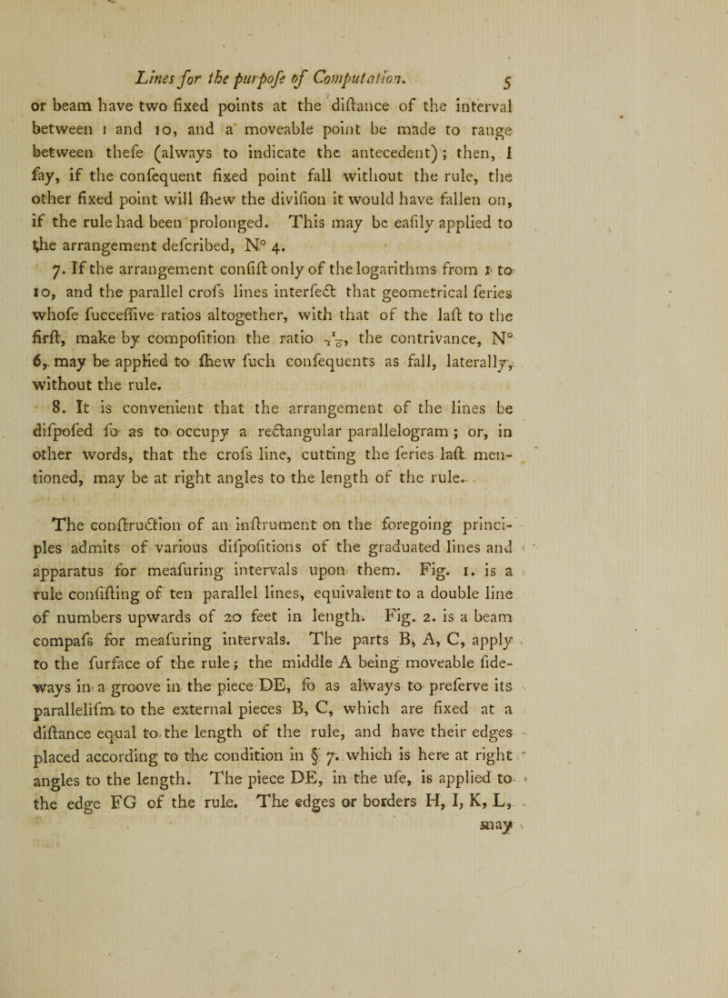 or beam have two fixed points at the difiance of the interval between 1 and 10, and a moveable point be made to range between thefe (always to indicate the antecedent) ; then, 1 fay, if the confequent fixed point fall without the rule, the other fixed point will fhew the divifion it would have fallen on, if the rule had been prolonged. This may be eafily applied to the arrangement defcribed, N° 4. 7. If the arrangement confifionly of the logarithms from 1 to 10, and the parallel crofs lines interfedt that geometrical feries whofe fuccefiive ratios altogether, with that of the lafi to the firft, make by compofition the ratio -II~, the contrivance, N° 6r may be applied to fhew fuch confequents as fall, laterally, without the rule. 8. It is convenient that the arrangement of the lines be difpofed fo as to occupy a rectangular parallelogram ; or, in other words, that the crofs line, cutting the feries laft. men¬ tioned, may be at right angles to the length of the rule. The confiruction of an mfirument on the foregoing princi¬ ples admits of various difpofitions of the graduated lines and apparatus for meafuring intervals upon them. Fig. 1. is a rule confifiing of ten parallel lines-, equivalent to a double line of numbers upwards of 20 feet in lengths Fig. 2. is a beam compafs for meafuring intervals. The parts B* A, C, apply to the furface of the rule; the middle A being moveable fide- ways in a groove in the piece DE, fo as always to preferve its parallelifm to the external pieces B, C, which are fixed at a diftance equal to the length of the rule, and have their edges placed according to the condition in § y. which is here at right angles to the length. The piece DE, in the ufe, is applied to the edge FG of the rule. The edges or borders H, I, K, L, inayi