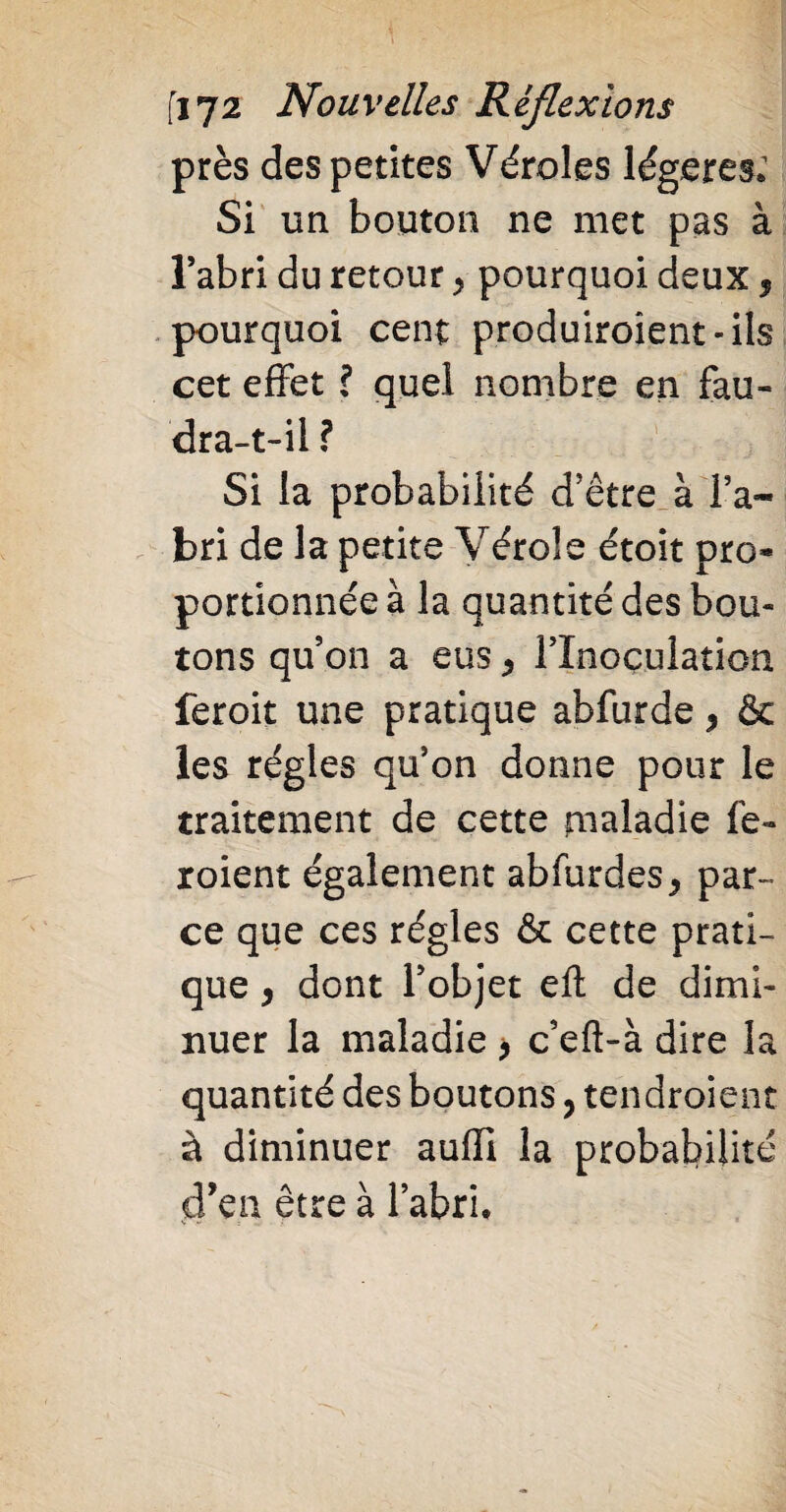 près des petites Véroles légères; Si un bouton ne met pas à l’abri du retour > pourquoi deux, pourquoi cent produiroîent-ils cet effet ? quel nombre en fau¬ dra-t-il ? Si la probabilité d’être à l’a¬ bri de la petite Vérole étoit pro¬ portionnée à la quantité des bou¬ tons qu’on a eus > l’Inoculation feroit une pratique abfurde > & les régies qu’on donne pour le traitement de cette nialadie fe« roient également abfurdes^ par¬ ce que ces régies & cette prati¬ que * dont l’objet eft de dimi¬ nuer la maladie > c’eft-à dire la quantité des boutons, tendroient à diminuer auiîî la probabilité d'en être à l’abri.