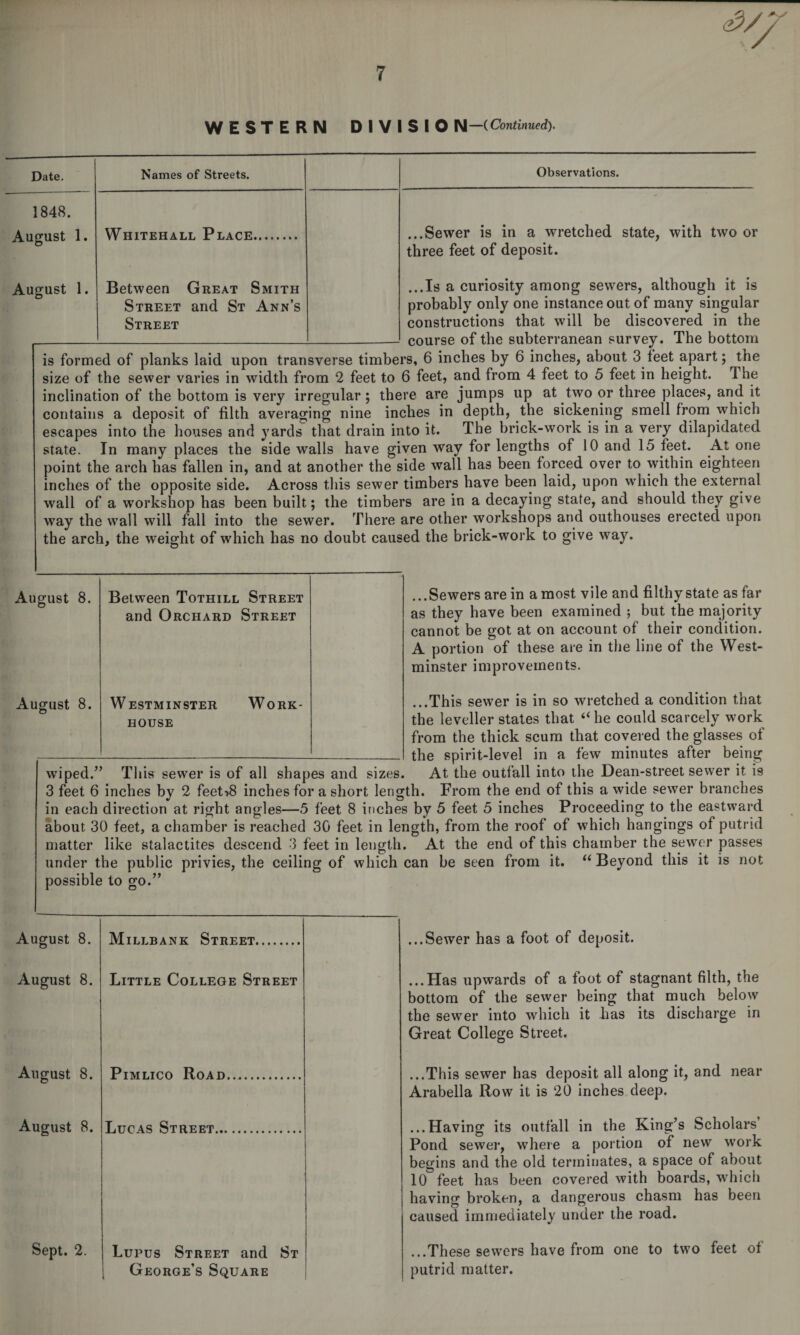 WESTERN DIVISIO N—(Continued). Date, Names of Streets. Observations. 1848. August 1. Whitehall Place. ...Sewer is in a wretched state, with two or three feet of deposit. August 1. Between Great Smith Street and St Ann’s Street ...Is a curiosity among sewers, although it is probably only one instance out of many singular constructions that will be discovered in the course of the subterranean survey. The bottom is formed of planks laid upon transverse timbers, 6 inches by 6 inches, about 3 feet apart; the size of the sewer varies in width from 2 feet to 6 feet, and from 4 feet to 5 feet in height. The inclination of the bottom is very irregular; there are jumps up at two or three places, and it contains a deposit of filth averaging nine inches in depth, the sickening smell from which escapes into the houses and yards that drain into it. The brick-work is in a very dilapidated state. In many places the side walls have given way for lengths of 10 and 15 feet. At one point the arch has fallen in, and at another the side wall has been forced over to within eighteen inches of the opposite side. Across this sewer timbers have been laid, upon which the external wall of a workshop has been built; the timbers are in a decaying state, and should they give way the wall will fall into the sewer. There are other workshops and outhouses erected upon the arch, the weight of which has no doubt caused the brick-work to give way. ...Sewers are in a most vile and filthy state as far as they have been examined ; but the majority cannot be got at on account of their condition. A portion of these are in the line of the West¬ minster improvements. ...This sewer is in so wretched a condition that the leveller states that “he could scarcely work from the thick scum that covered the glasses of the spirit-level in a few minutes after being wiped.” This sewer is of all shapes and sizes. At the outfall into the Dean-street sewer it is 3 feet 6 inches by 2 feet*8 inches for a short length. From the end of this a wide sewer branches in each direction at right angles—5 feet 8 inches by 5 feet 5 inches Proceeding to the eastward about 30 feet, a chamber is reached 30 feet in length, from the roof of which hangings of putrid matter like stalactites descend 3 feet in length. At the end of this chamber the sewer passes under the public privies, the ceiling of which can be seen from it. “ Beyond this it is not possible to go.” ...Sewer has a foot of deposit. ...Has upwards of a foot of stagnant filth, the bottom of the sewer being that much below the sewer into which it has its discharge in Great College Street. ...This sewer has deposit all along it, and near Arabella Row it is 20 inches deep. ...Having its outfall in the King’s Scholars Pond sewer, where a portion of new work begins and the old terminates, a space of about 10 feet has been covered with boards, which having broken, a dangerous chasm has been caused immediately under the road. ...These sewers have from one to two feet of putrid matter. August 8. August 8. August 8. August 8. Sept. 2. Millbank Street. Little College Street Pimlico Road. Lucas Street. Lupus Street and St George’s Square August 8. Between Tothill Street and Orchard Street August 8. Westminster Work- house