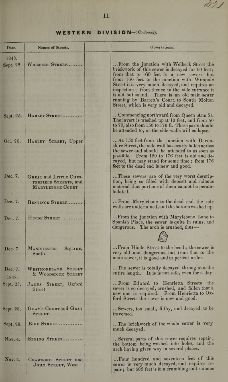 WESTERN DIVISIO N-( Continued). Date. Names of Streets. Observations. 1848. Sept. 22. Wigmore Street. ...From the junction with Welbeck Street the brickwrork of this sewer is decayed for 60 feet; from that to 160 feet is a new sewer; but from 160 feet to the junction with Wimpole Street it is very much decayed, and requires an inspection ; from thence to the side entrance it is old but sound. There is an old main sewer running by Barrett’s Court, to South Molton Street, which is very old and decayed. Sept. 25. Harley Street. ...Commencingnorthward from Queen Ann St. The invert is washed up at 10 feet, and from 50 to 70, also from 150 to 170 ft. These parts should be attended to, or the side walls will collapse. Oct. 20. Harley Street, Upper ...At 150 feet from the junction with Devon¬ shire Street, the side wall has nearly fallen across the sewer and should be attended to as soon as possible. From 150 to 176 feet is old and de¬ cayed, but may stand for some time ; from 176 feet to the dead end is new and good. Dec. 7. Great and Little Ches¬ terfield Streets, and Marylebone Court ...These sewers are of the very worst descrip¬ tion, being so filled with deposit and ruinous material that portions of them cannot be peram¬ bulated. Dec. 7. Bentinck Street. ...From Marylebone to the dead end the side walls are undermined, and the bottom washed up. Dec. 7. Hinde Street . ...From the junction with Marylebone Lane to Spanish Place, the sewer is quite in ruins, and dangerous. The arch is crushed, thus— Dec. 7. Manchester Square, South ...From Hinde Street to the bend ; the sewer is very old and dangerous, but from that to the main sewer, it is good and in perfect order. Dec. 7. 1848. Sept. 28. Westmoreland Street &amp; Woodstock Street James Street, Oxford Street ...The sewer is totally decayed throughout the entire length. It is is not safe, even for a day. ...From Edward to Henrietta Streets the sewer is so decayed, crushed, and fallen that a new one is required. From Henrietta to Ox¬ ford Streets the sewer is new and good. Sept. 28. Gray’s Court and Gray Street ...Sewers, too small, filthy, and decayed, to be traversed. Sept. 28. Bird Street. ...The brickwork of the whole sewer is very much decayed. Nov. 4. Spring Street . ...Several parts of this sewer requires repair; the bottom being washed into holes, and the arch having given way in several places. Nov. 4. Crawford Street and John Street, West ...Four hundred and seventeen feet of this sewer is very much decayed, and requires re¬ pair ; but 505 feet is in a crumbling and ruinous