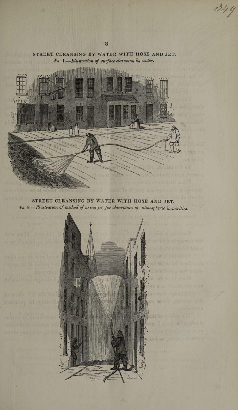 STREET CLEANSING BY WATER WITH HOSE AND JET. No. 1.—Illustration of surface-cleansing by water. STREET CLEANSING BY WATER WITH HOSE AND JET- No. 2.—Illustration of method of using jet for absorption of atmospheric impurities.