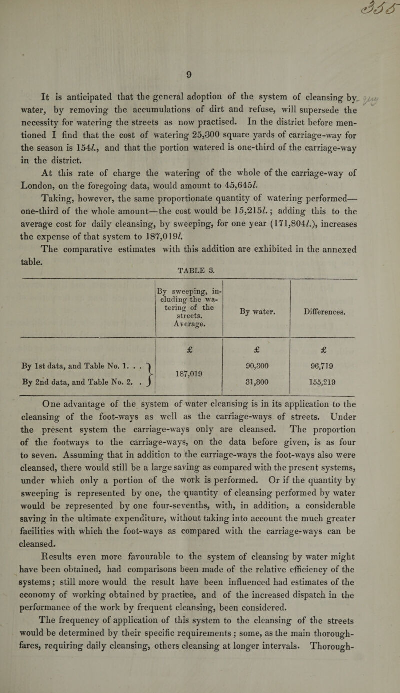 It is anticipated that the general adoption of the system of cleansing by^ water, by removing the accumulations of dirt and refuse, will supersede the necessity for watering the streets as now practised. In the district before men¬ tioned I find that the cost of watering 25,300 square yards of carriage-way for the season is 154/., and that the portion watered is one-third of the carriage-way in the district. At this rate of charge the watering of the whole of the carriage-way of London, on the foregoing data, would amount to 45,645/. Taking, however, the same proportionate quantity of watering performed— one-third of the whole amount—the cost would be 15,215/.; adding this to the average cost for daily cleansing, by sweeping, for one year (171,804/.), increases the expense of that system to 187,019/. The comparative estimates with this addition are exhibited in the annexed table. TABLE 3. By sweeping, in¬ cluding the wa¬ tering of the streets. Average. By water. Differences. £ £ £ By 1st data, and Table No. 1. . . 187,019 90,300 96,719 By 2nd data, and Table No. 2. . J 31,800 155,219 One advantage of the system of water cleansing is in its application to the cleansing of the foot-ways as well as the carriage-ways of streets. Under the present system the carriageways only are cleansed. The proportion of the footways to the carriageways, on the data before given, is as four to seven. Assuming that in addition to the carriage-ways the foot-wrays also were cleansed, there would still be a large saving as compared with the present systems, under which only a portion of the work is performed. Or if the quantity by sweeping is represented by one, the quantity of cleansing performed by wrater would be represented by one four-sevenths, with, in addition, a considerable saving in the ultimate expenditure, without taking into account the much greater facilities with which the foot-ways as compared with the carriage-ways can be cleansed. Results even more favourable to the system of cleansing by wrater might have been obtained, had comparisons been made of the relative efficiency of the systems; still more would the result have been influenced had estimates of the economy of working obtained by practice, and of the increased dispatch in the performance of the work by frequent cleansing, been considered. The frequency of application of this system to the cleansing of the streets would be determined by their specific requirements; some, as the main thorough¬ fares, requiring daily cleansing, others cleansing at longer intervals. Thorough-