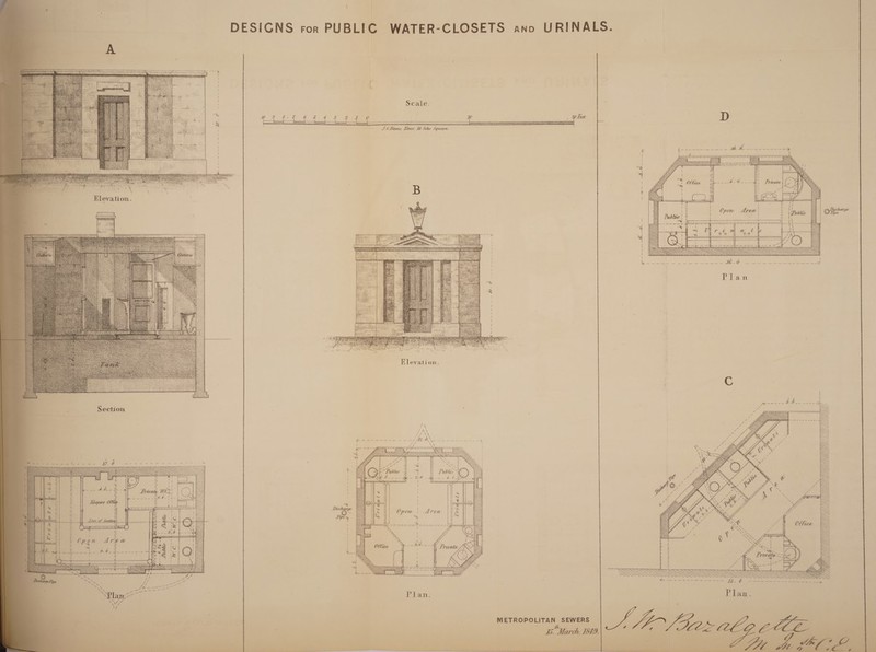 DESIGNS for PUBLIC WATER-CLOSETS and URINALS. A Scale. W 0 8 . f-t==J s f f-i f ? i r f * 1— .T.GJiirmc, Zincv M Soho SfjT/cire. —-1 'flat D S