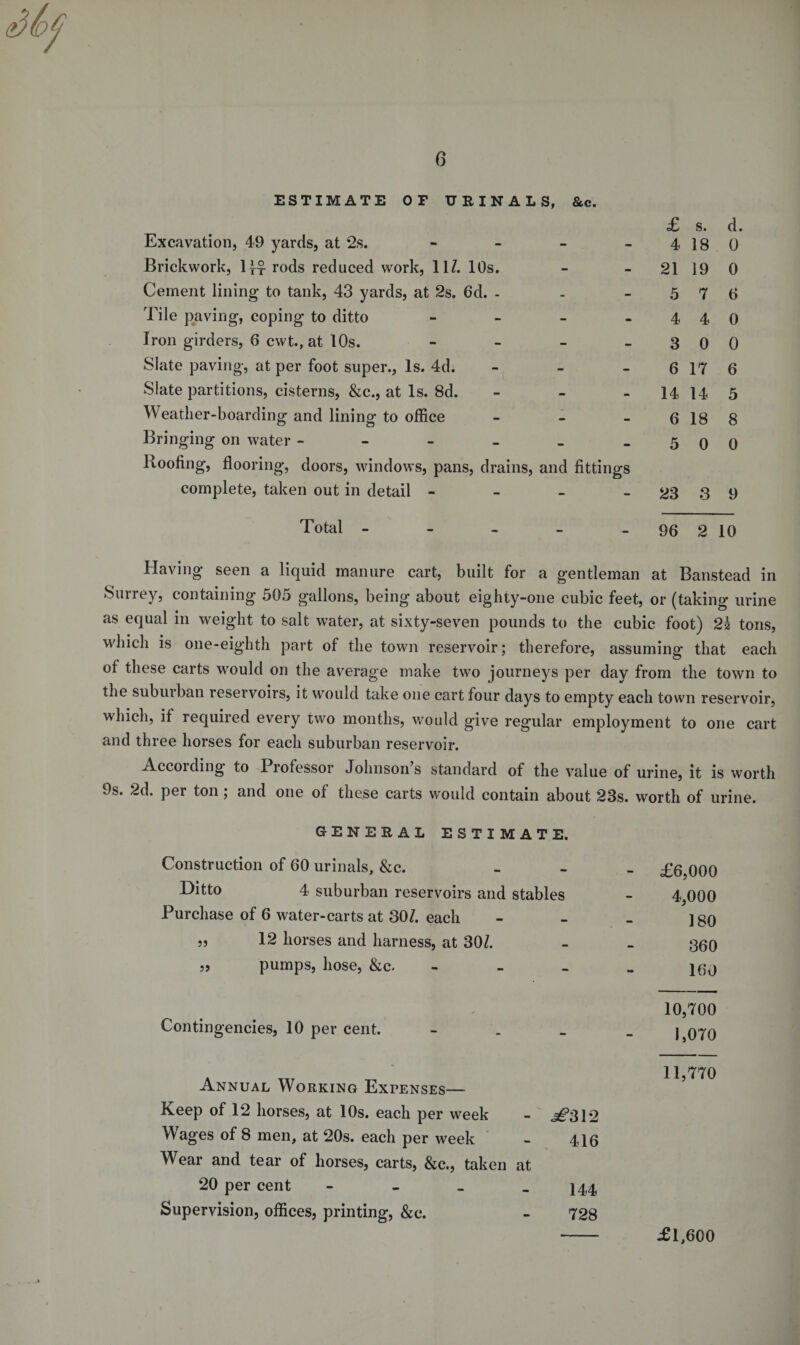 ESTIMATE OP URINALS, &amp;c. Excavation, 49 yards, at 2s. - Brickwork, l^r rods reduced work, 11/. 10s. Cement lining to tank, 43 yards, at 2s. 6d. - Tile paving, coping to ditto - Iron girders, 6 cwt., at 10s. - Slate paving, at per foot super., Is. 4d. - Slate partitions, cisterns, &amp;c., at Is. 8d. Weather-boarding and lining to office - Bringing on water ------ Roofing, flooring, doors, windows, pans, drains, and fittings complete, taken out in detail - Total - £ s. d. 4 18 0 21 19 0 5 7 6 4 4 0 3 0 0 6 17 6 14 14 5 6 18 8 5 0 0 23 3 9 96 2 10 Having seen a liquid manure cart, built for a gentleman at Banstead in Surrey, containing 505 gallons, being about eighty-one cubic feet, or (taking urine as equal in weight to salt water, at sixty-seven pounds to the cubic foot) 2h tons, which is one-eighth part of the town reservoir; therefore, assuming that each of these carts would on the average make two journeys per day from the town to the subuiban reseivoirs, it would take one cart four days to empty each town reservoir, which, if required every two months, would give regular employment to one cart and three horses for each suburban reservoir. According to Professor Johnson s standard of the value of urine, it is worth 9s. 2d. per ton ; and one of these carts would contain about 23s. worth of urine. GENERAL ESTIMATE. Construction of 60 urinals, &amp;c. Ditto 4 suburban reservoirs and stables Purchase of 6 water-carts at 30/. each „ 12 horses and harness, at 30/. „ pumps, hose, &amp;c. - Contingencies, 10 per cent. Annual Working Expenses— Keep of 12 horses, at 10s. each per week Wages of 8 men, at 20s. each per week Wear and tear of horses, carts, &amp;c., taken at 20 per cent - Supervision, offices, printing, &amp;c. jf312 416 £6,000 4,000 180 360 160 10,700 1,070 11,770 144 728 £1,600