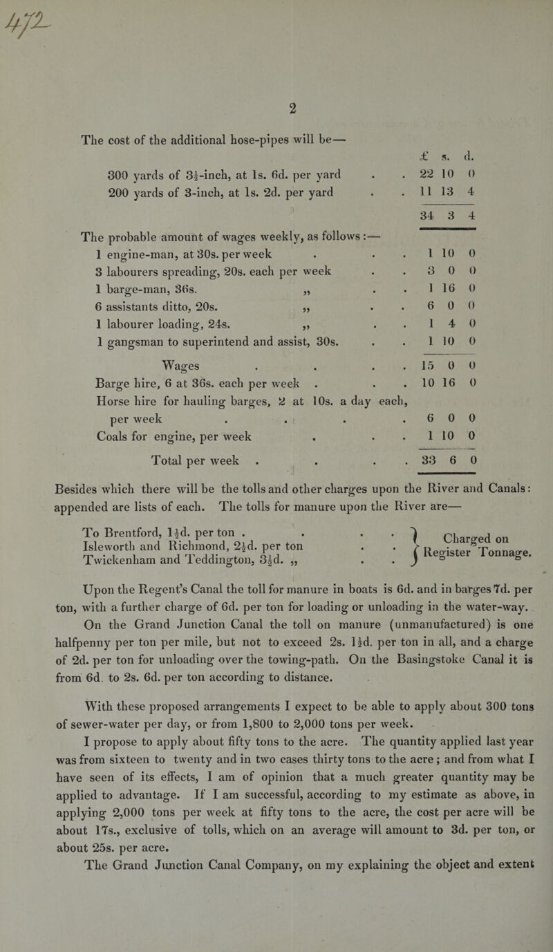 The cost of the additional hose-pipes will be— £ s. d. 300 yards of 3i-inch, at Is. fid. per yard 200 yards of 3-inch, at Is. 2d. per yard The probable amount of wages weekly, as follows :— 1 engine-man, at 30s. per week 3 labourers spreading, 20s. each per week 1 barge-man, 3fis. „ 6 assistants ditto, 20s. ,, 1 labourer loading, 24s. ,, 1 gangsman to superintend and assist, 30s. Wages . . . . Barge hire, 6 at 36s. each per week Horse hire for hauling barges, 2 at 10s. a day each, per week .... Coals for engine, per week Total per week . . . 22 10 O 11 13 4 34 3 4 1 10 0 3 0 0 1 lfi 0 6 0 0 1 4 0 1 10 0 15 0 0 10 16 0 fi 0 0 1 10 0 33 6 0 Besides which there will be the tolls and other charges upon the River and Canals: appended are lists of each. The tolls for manure upon the River are— To Brentford, l|d. per ton . Isleworth and Richmond, 2£d. per ton Twickenham and Teddington, 3|d. „ Charged on Register Tonnage. Upon the Regent’s Canal the toll for manure in boats is 6d. and in barges 7d. per ton, with a further charge of fid. per ton for loading or unloading in the water-way. On the Grand Junction Canal the toll on manure (unmanufactured) is one halfpenny per ton per mile, but not to exceed 2s. Hd. per ton in all, and a charge of 2d. per ton for unloading over the towing-path. On the Basingstoke Canal it is from 6d. to 2s. 6d. per ton according to distance. With these proposed arrangements I expect to be able to apply about 300 tons of sewer-water per day, or from 1,800 to 2,000 tons per week. I propose to apply about fifty tons to the acre. The quantity applied last year was from sixteen to twenty and in two cases thirty tons to the acre ; and from what I have seen of its effects, I am of opinion that a much greater quantity may be applied to advantage. If I am successful, according to my estimate as above, in applying 2,000 tons per week at fifty tons to the acre, the cost per acre will be about 17s., exclusive of tolls, which on an average will amount to 3d. per ton, or about 25s. per acre. The Grand Junction Canal Company, on my explaining the object and extent