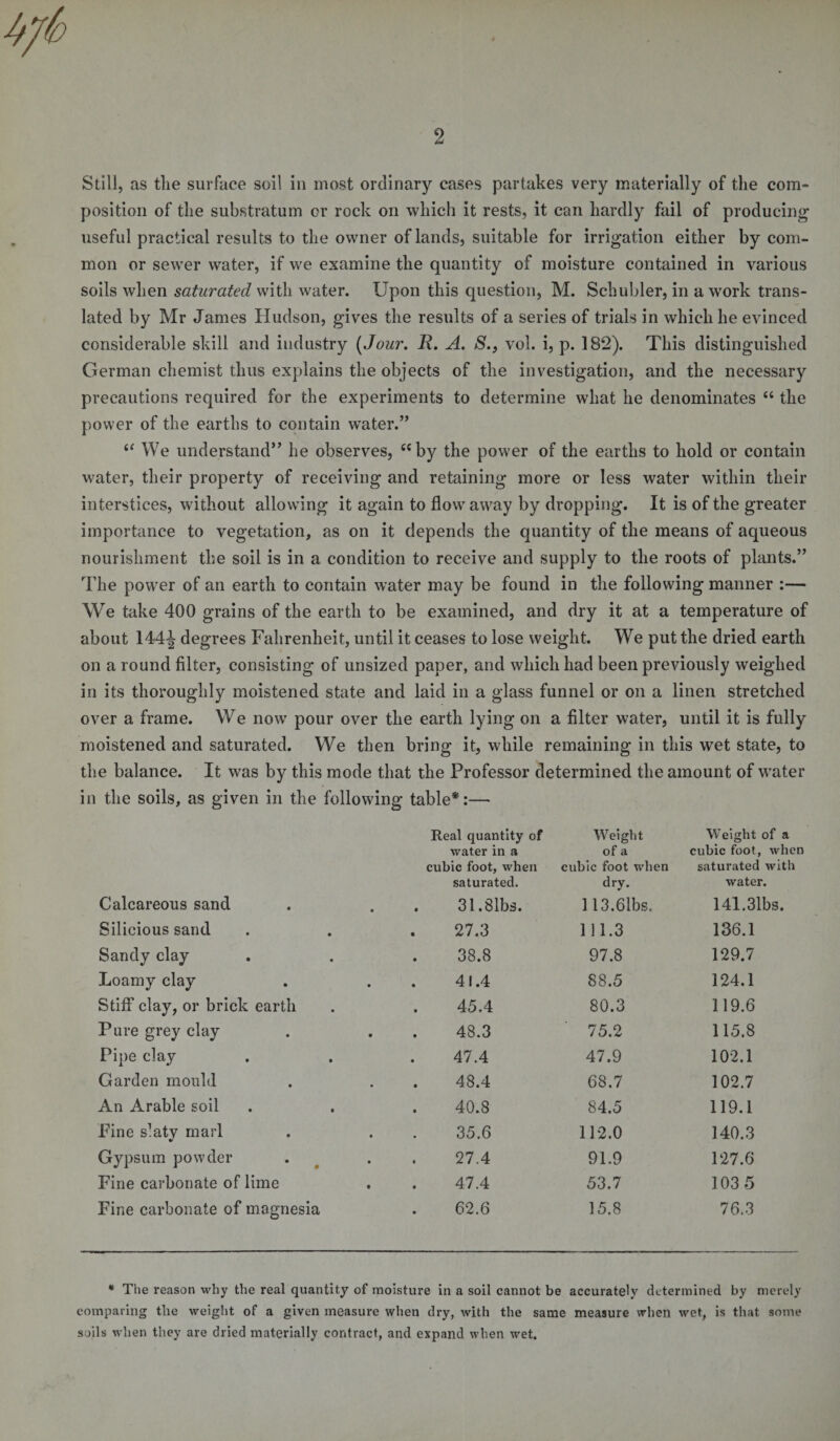 Still, as the surface soil in most ordinary cases partakes very materially of the com¬ position of the substratum or rock on which it rests, it can hardly fail of producing useful practical results to the owner of lands, suitable for irrigation either by com¬ mon or sewer water, if we examine the quantity of moisture contained in various soils when saturated with water. Upon this question, M. Schubler, in a work trans¬ lated by Mr James Hudson, gives the results of a series of trials in which he evinced considerable skill and industry (Jour. R. A. S.} vol. i, p. 182). This distinguished German chemist thus explains the objects of the investigation, and the necessary precautions required for the experiments to determine what he denominates “ the power of the earths to contain water.” “ We understand” he observes, “by the power of the earths to hold or contain water, their property of receiving and retaining more or less water within their interstices, without allowing it again to flow away by dropping. It is of the greater importance to vegetation, as on it depends the quantity of the means of aqueous nourishment the soil is in a condition to receive and supply to the roots of plants.” The power of an earth to contain water may be found in the following manner :— We take 400 grains of the earth to be examined, and dry it at a temperature of about 144^ degrees Fahrenheit, until it ceases to lose weight. We put the dried earth on a round filter, consisting of unsized paper, and which had been previously weighed in its thoroughly moistened state and laid in a glass funnel or on a linen stretched over a frame. We now pour over the earth lying on a filter water, until it is fully moistened and saturated. We then bring it, while remaining in this wet state, to the balance. It was by this mode that the Professor determined the amount of water in the soils, as given in the following table*:— Real quantity of water in a cubic foot, when saturated. Weight of a cubic foot when dry. Weight of a cubic foot, when saturated with water. Calcareous sand . 31.81bs. 113.61bs. 141.31bs. Silicious sand 27.3 111.3 136.1 Sandy clay 38.8 97.8 129.7 Loamy clay 41.4 88.5 124.1 Stiff clay, or brick earth 45,4 80.3 119.6 Pure grey clay 48.3 75.2 115.8 Pipe clay 47.4 47.9 102.1 Garden mould 48.4 68.7 102.7 An Arable soil 40.8 84.5 119.1 Fine sUty marl 35.6 112.0 140.3 Gypsum powder 27.4 91.9 127.6 Fine carbonate of lime 47.4 53.7 103 5 Fine carbonate of magnesia 62.6 15.8 76.3 * The reason why the real quantity of moisture in a soil cannot be accurately determined by merely comparing the weight of a given measure when dry, with the same measure when wet, is that some soils when they are dried materially contract, and expand when wet.