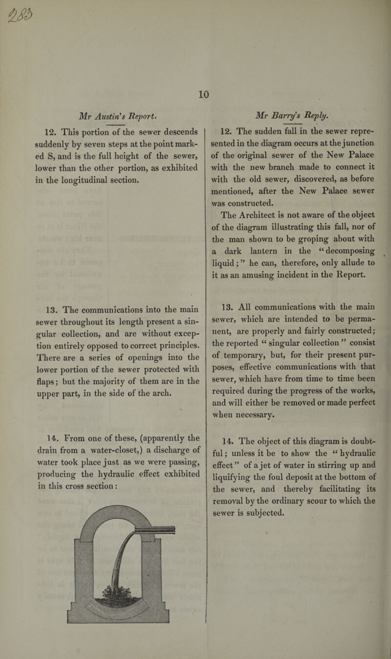 Mr Austin's Report. 12. This portion of the sewer descends suddenly by seven steps at the point mark¬ ed S, and is the full height of the sewer, lower than the other portion, as exhibited in the longitudinal section. 13. The communications into the main sewer throughout its length present a sin¬ gular collection, and are without excep¬ tion entirely opposed to correct principles. There are a series of openings into the lower portion of the sewer protected with flaps; but the majority of them are in the upper part, in the side of the arch. 14. From one of these, (apparently the drain from a water-closet,) a discharge of water took place just as we were passing, producing the hydraulic effect exhibited in this cross section: Mr Barry's Reply. 12. The sudden fall in the sewer repre¬ sented in the diagram occurs at the junction of the original sewer of the New Palace with the new branch made to connect it with the old sewTer, discovered, as before mentioned, after the New Palace sewrer was constructed. The Architect is not aware of the object of the diagram illustrating this fall, nor of the man shown to be groping about with a dark lantern in the 44 decomposing liquid; ” he can, therefore, only allude to it as an amusing incident in the Report. 13. All communications with the main sewrer, which are intended to be perma¬ nent, are properly and fairly constructed; the reported 44 singular collection ” consist of temporary, but, for their present pur¬ poses. effective communications with that sewer, which have from time to time been required during the progress of the works, and will either be removed or made perfect when necessary. 14. The object of this diagram is doubt¬ ful ; unless it be to show the 44 hydraulic effect ” of a jet of water in stirring up and liquifying the foul deposit at the bottom of the sewer, and thereby facilitating its removal by the ordinary scour to which the sewer is subjected.
