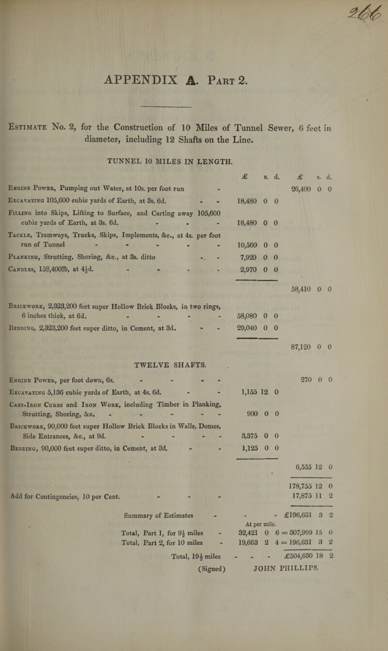 Estimate No. 2, for the Construction of 10 Miles of Tunnel Sewer, 6 feet in diameter, including 12 Shafts on the Line. TUNNEL 10 MILES IN LENGTH. Engine Power, Pumping out Water, at 10s. per foot run Excavating 105,600 cubic yards of Earth, at 3s. 6d. Filling into Skips, Lifting to Surface, and Carting away 105,600 cubic yards of Earth, at 3s. 6d. - Tackle, Tramways, Trucks, Skips, Implements, &c., at 4s. per foot run of Tunnel - Planking, Strutting, Shoring, &c., at 3s. ditto Candles, 158,4001b, at 4|d. - £ s. d* 18,480 0 0 18,480 0 0 10,560 0 0 7,920 0 0 2,970 0 0 £ s. d. 26,400 0 0 58,410 0 0 Brickwork, 2,323,200 feet super Hollow Brick Blocks, in two rings, 6 inches thick, at 6d. - - - ■> 58,080 0 0 Bedding, 2,323,200 feet super ditto, in Cement, at 3d. - - 29,040 0 0 87,120 0 0 TWELVE SHAFTS. Engine Power, per foot down, 6s. - - - Excavating 5,136 cubic yards of Earth, at 4s. 6d. Cast-Iron Curbs and Iron Work, including Timber in Planking, Strutting, Shoring, &c. - - - - Brickwork, 90,000 feet super Hollow Brick Blocks in Walls, Domes, Side Entrances, &c., at 9d. - - - Bedding, 90,000 feet super ditto, in Cement, at 3d. 1,155 12 0 900 0 0 3,375 0 0 1,125 0 0 270 0 0 6,555 12 0 178,755 12 0 Add for Contingencies, 10 per Cent. - 17,875 11 2 Summary of Estimates - £196,631 3 2 At per mile. Total, Part 1, for 9^ miles 32,421 0 6 = 307,999 15 0 Total, Part 2, for 10 miles 19,663 2 4 = 196,631 3 2 Total, 19£ miles £504,630 18 2