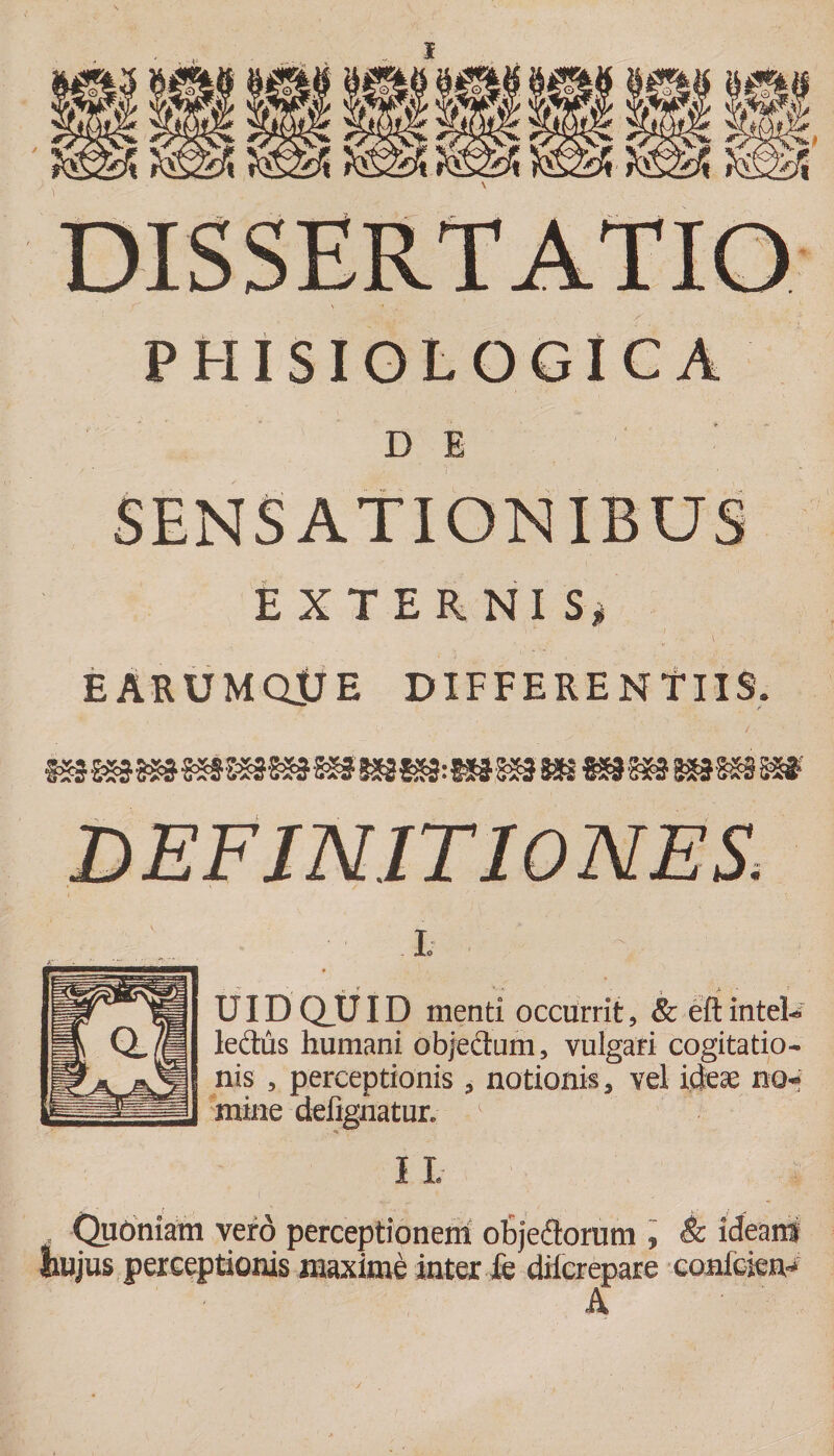 >1» PHISIOLOGICA D E SENSATIONIBUS EXTERNI S* EARUMQjJE DIFFERENTIIS. 8$£&amp;:S»53 88*988 «98« 8* DEFINITIONES. i UIDQJLTID menti occurrit, &amp; eftintek ledus humani objedum, vulgari cogitatio* nis , perceptionis , notionis, vel ideae rq+ mine defignatur. V II Quoniam vero perceptionem ofijedorum , &amp; ideam hujus perceptionis maxime inter k dilcrepare confcieiv A’