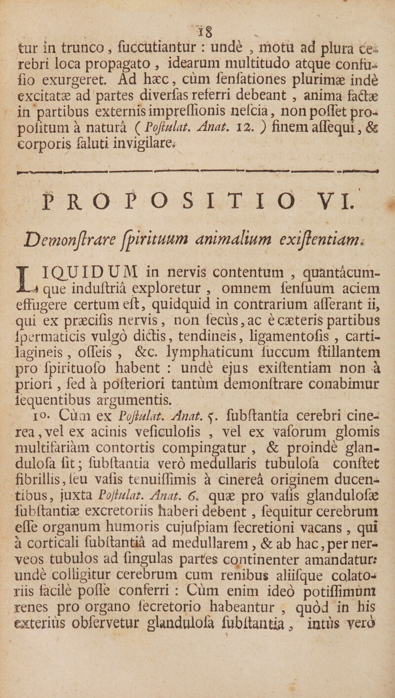 38 tur in trunco, fuccutiantur : unde , motu ad plura ce¬ rebri loca propagato , idearum multitudo atque confu« fio exurgeret. Ad hxc, cum fenfationes plurimae inde excitatae ad partes diverfas referri debeant , anima fadae in partibus externis impredionis nefeia, nonpodetpro- politum a natura ( Poflulat. Anat. 12. ) finem aftequi, &amp; corporis faluti invigilare» PROPOSITIO VI. Demonflrare Jpirituum animalium exigentiam IIQUID UM in nervis contentum , quantacum- 4 que induftria exploretur , omnem fenfuum aciem effugere certum eft, quidquid in contrarium aderant ii, qui ex praecifis nervis, non lecus,ac ecaeterispartibus lpermaticis vulgo didis, tendineis, ligamentofis , carti¬ lagineis , odeis , &amp;c. lymphaticum iuccum ftillantem pro fpirituofo habent : unde ejus exidentiam non a priori, fed a pofteriori tantum demonftrare conabimur lequentibus argumentis. io- Cum ex Poftulat. Anat. f. fubftantia cerebri cine¬ rea , vel ex acinis veficulolis , vel ex vaforum glornis multifariam contortis compingatur , &amp; proinde glan- dulofa fit; fubftantia vero medullaris tubulofa conflet fibrillis,feu vafis tenuidimis a cinerea originem ducen¬ tibus, juxta Pojiulat. Anat. 6. quae pro valis glandulofae fubftantiae excretoriis haberi debent, fequitur cerebrum ede organum humoris cujufpiam fecretioni vacans, qui a corticali fubftantia ad medullarem , &amp; ab hac, per ner- veos tubulos ad lingulas partes continenter amandatur: unde colligitur cerebrum cum renibus aliifque coiato- riis facile pode conferri : Cum enim ideo potifiimunt renes pro organo fecretorio habeantur , quod in his exterius obfervetur glandulofa fubftantia, intiis vero