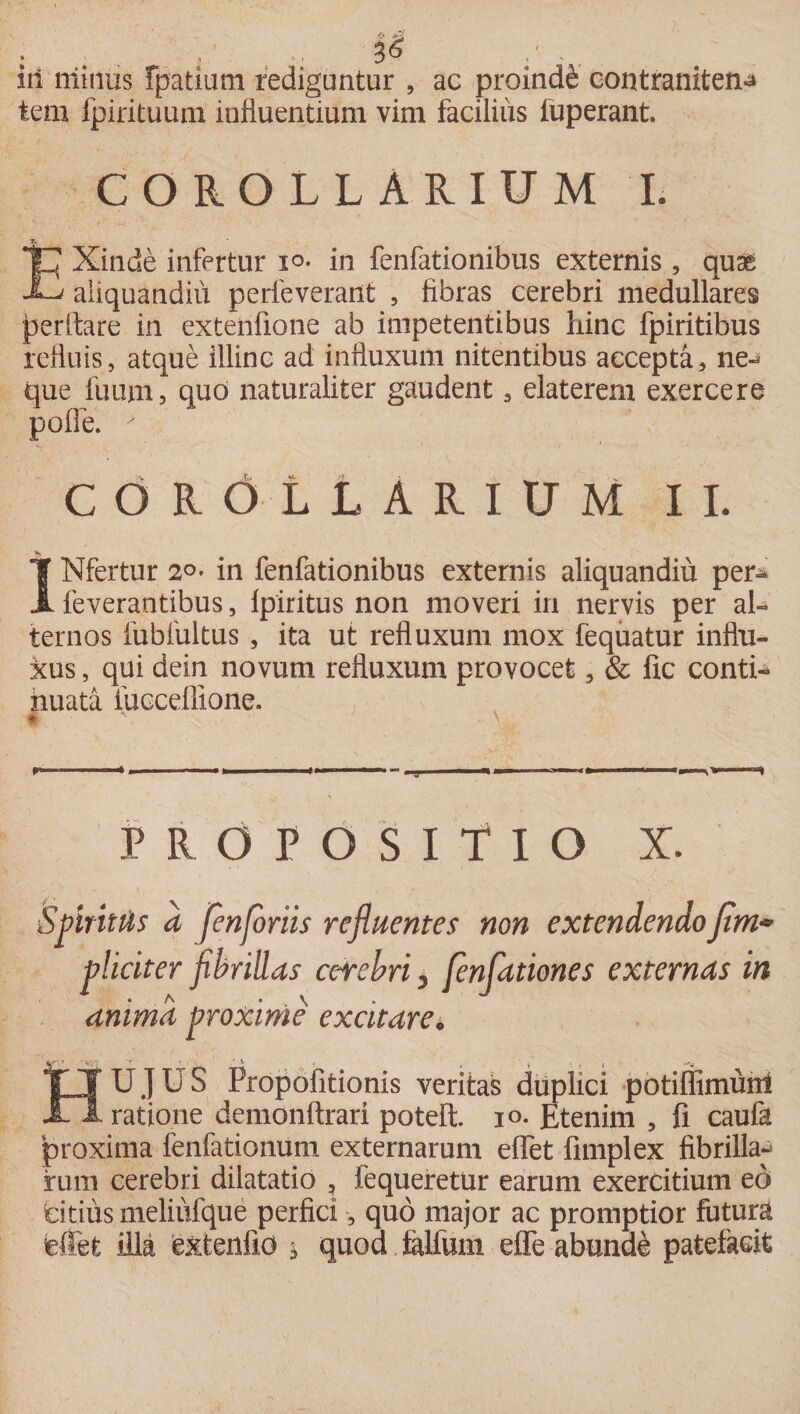 ili minus rpatium redigantur , ac proinde contranitem» tem fpirituum influentium vim facilius fuperant. COROLLARIUM I. EXinde infertur in fenfationibus externis , quae aliquandiu perfeverant , fibras cerebri medullares perflare iri extenfione ab impetentibus hinc fpiritibus refluis, atque illinc ad influxum nitentibus accepta, ne¬ que fuum, quo naturaliter gaudent, elaterem exercere pofle.  COROLLARIUM II. INfertur 2°- in fenfationibus externis aliquandiu per^ feverantibus, Ipiritus non moveri in nervis per al¬ ternos fubfultus , ita ut refluxum mox fequatur influ¬ xus , qui dein novum refluxum provocet 5 &amp; fic conti¬ nuata iucceflione. PROPOSITIO X. SptritUs a fenforiis refluentes non extendendoJim• pliciter fibrillas cerebri 5 fenfationes externas in anima proxime excitare* HUJUS Propofitionis veritas duplici potiflimuni ratione demonftrari potefl. 10. Etenim , fi caufa proxima fenfationum externarum effet fimplex fibrilla¬ rum cerebri dilatatio , fequeretur earum exercitium eo citius meliufque perfici, quo major ac promptior futura effet illa extenfio * quod falfum effe abunde patefacit